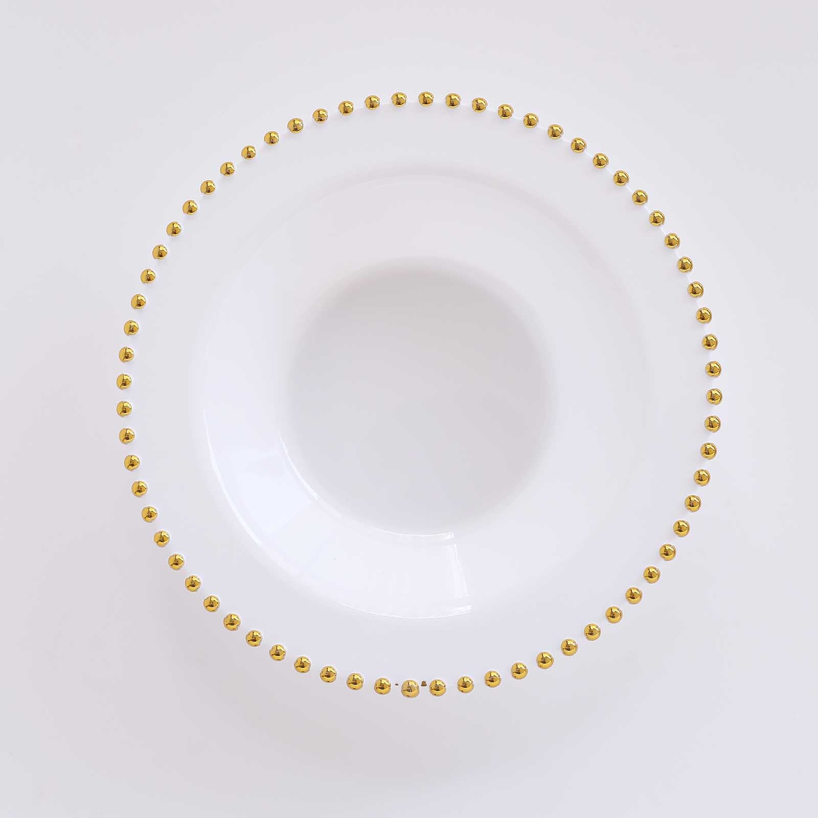 White round plastic dessert bowl with gold beaded rim.