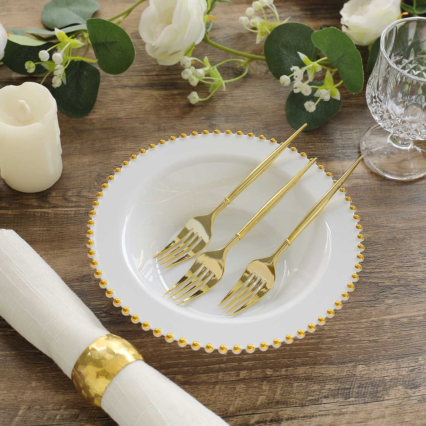 White round plastic dessert bowls with gold beaded rim, perfect for salads and soups.