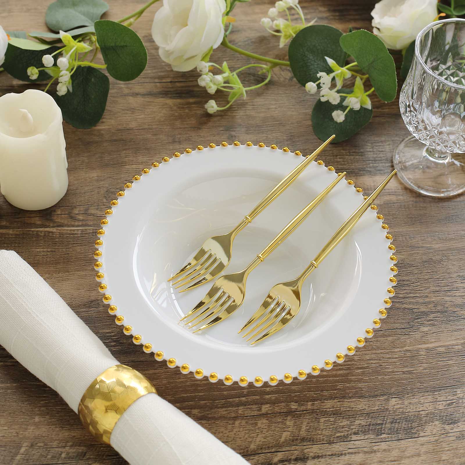 White round plastic dessert bowls with gold beaded rim, perfect for salads and soups.