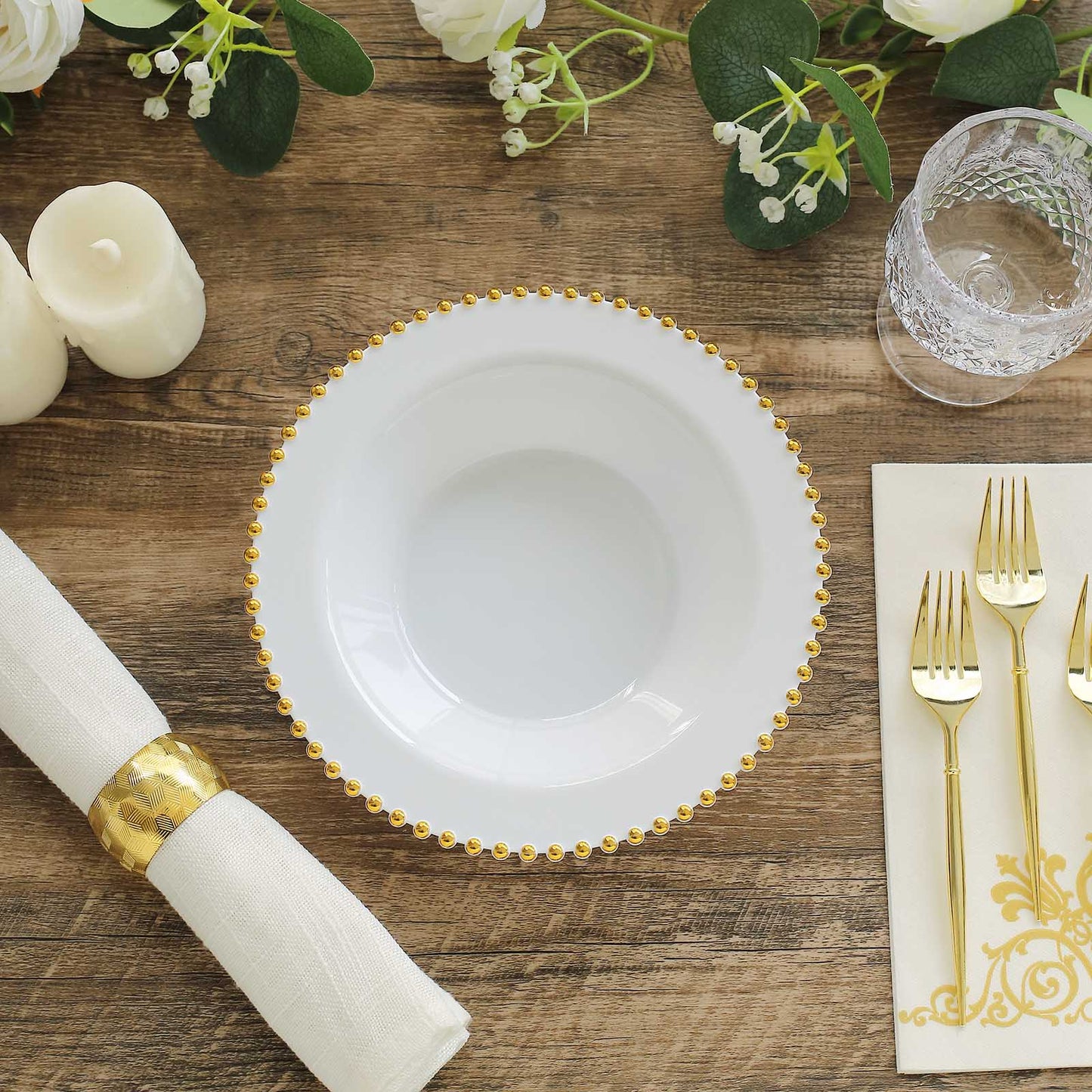 White round plastic dessert bowl with gold beaded rim, 12oz disposable.