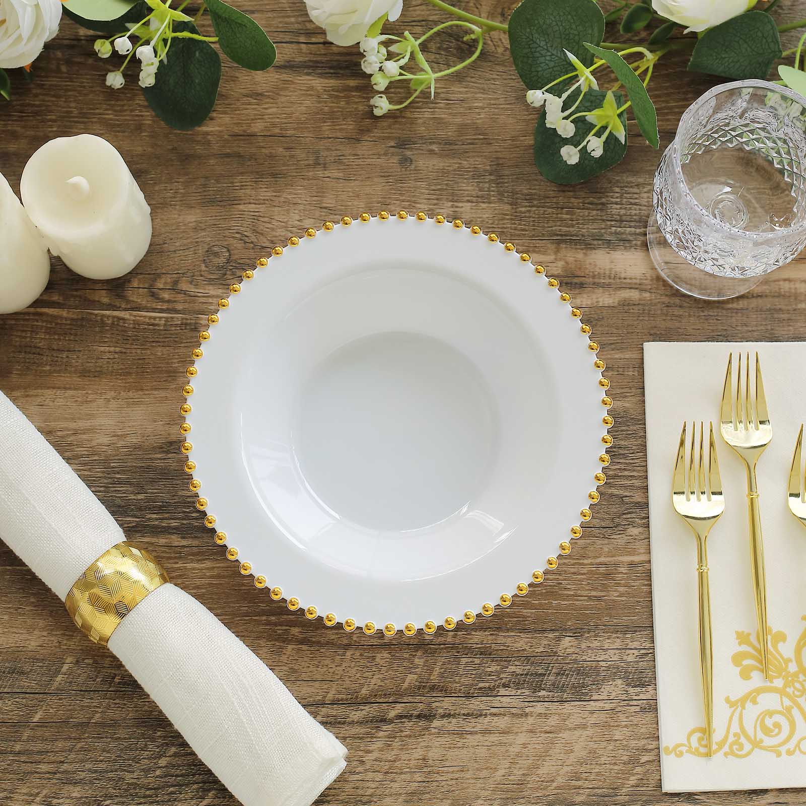 White round plastic dessert bowl with gold beaded rim, 12oz disposable.