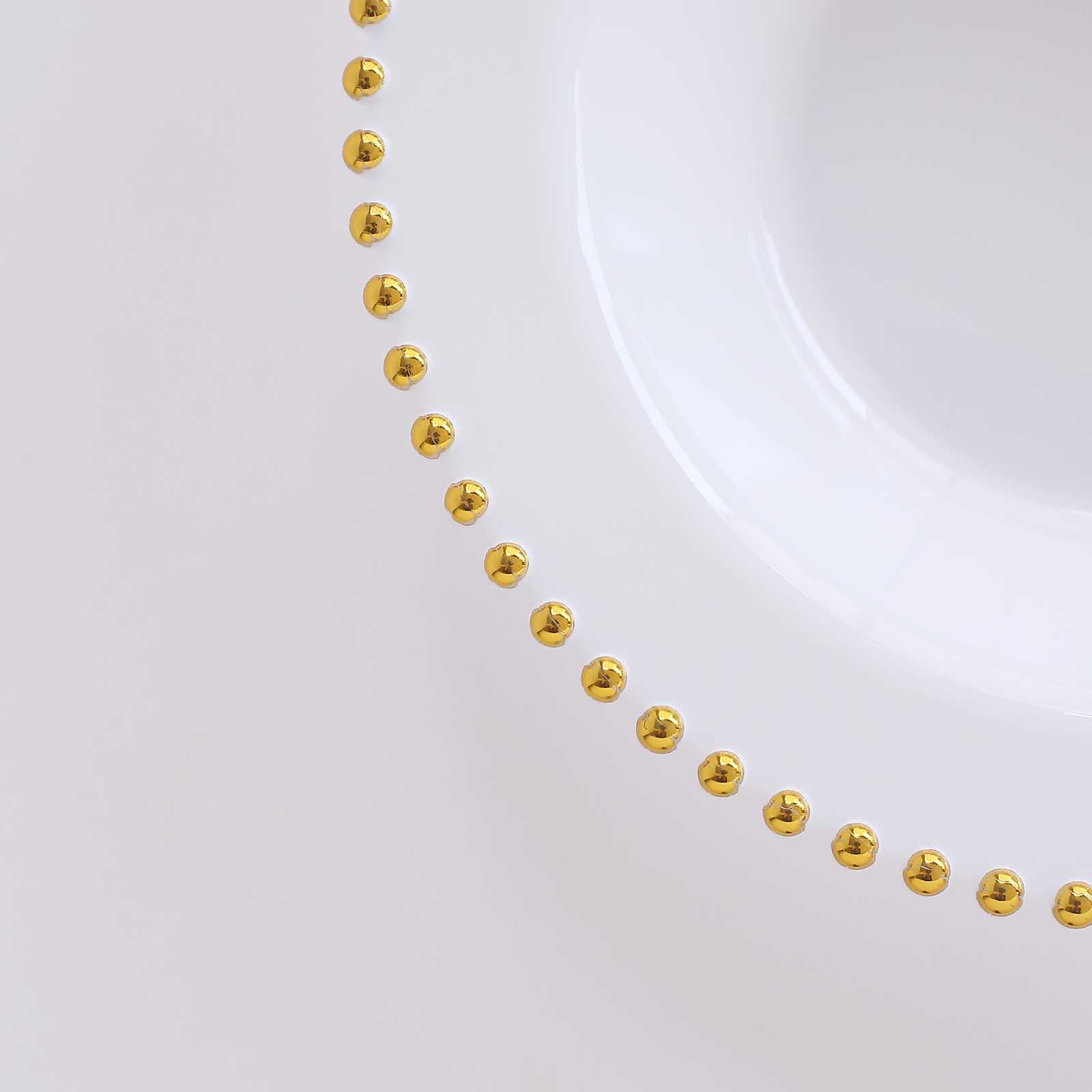 White round plastic dessert bowl with a gold beaded rim.