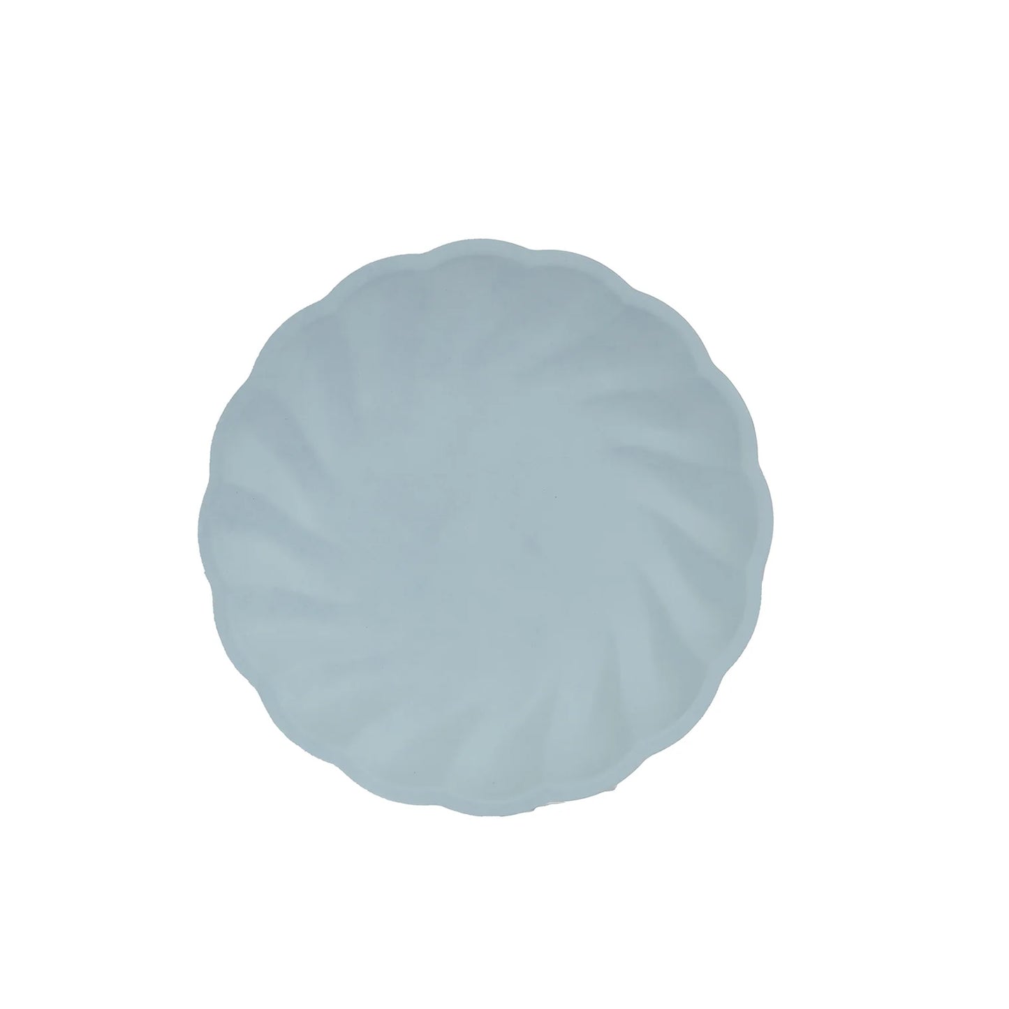 Light blue biodegradable salad plate, 7" swirl scalloped design.