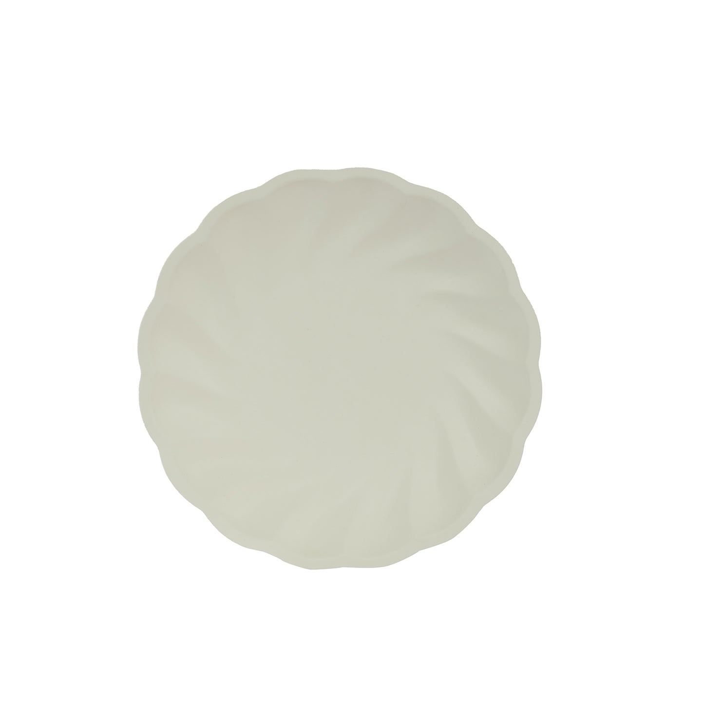 Cream biodegradable salad plate with swirl scalloped design.