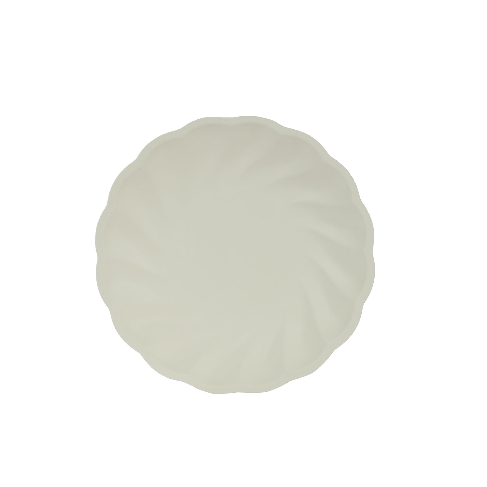 Cream biodegradable salad plate with swirl scalloped design.