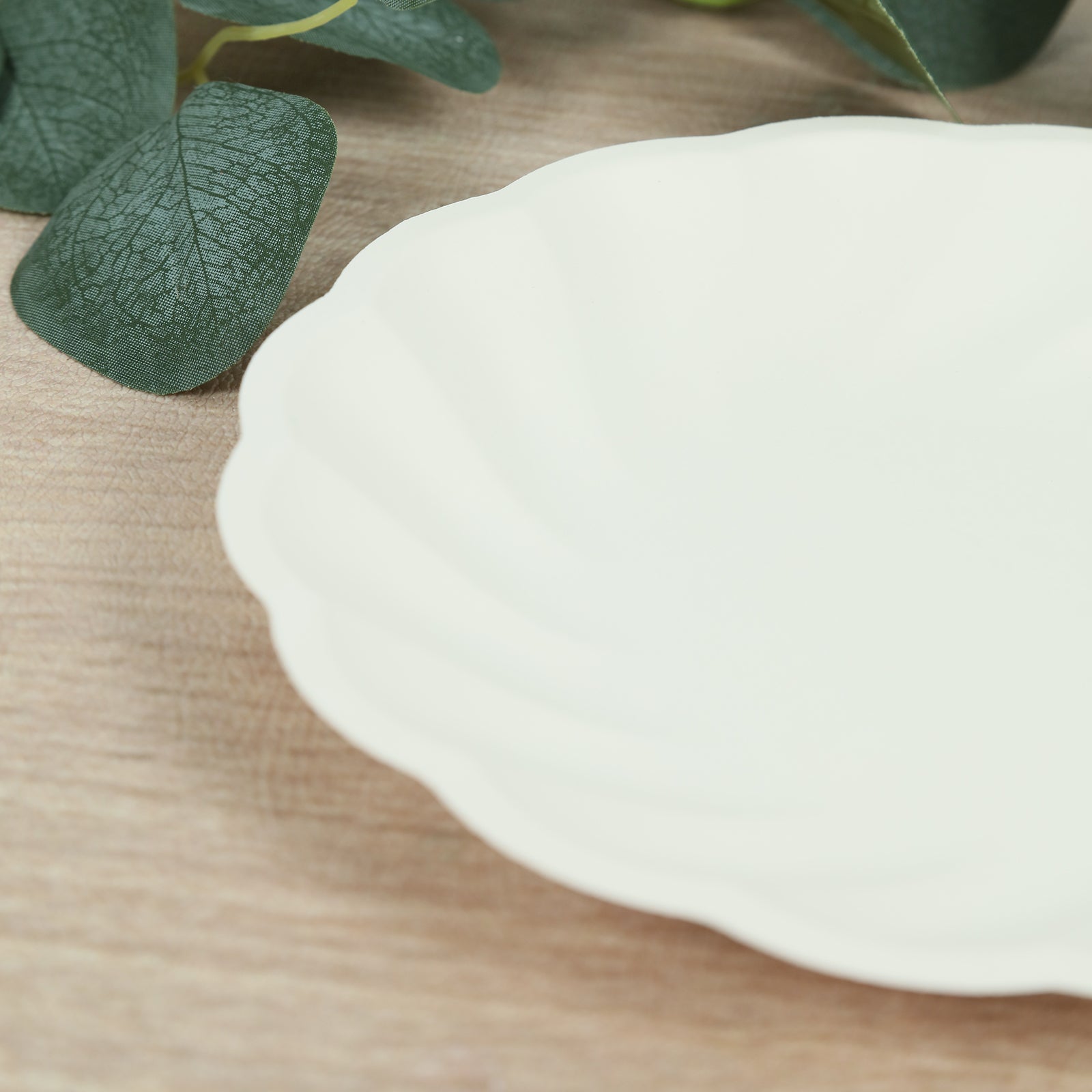 Cream biodegradable salad plate with a swirl scalloped design.