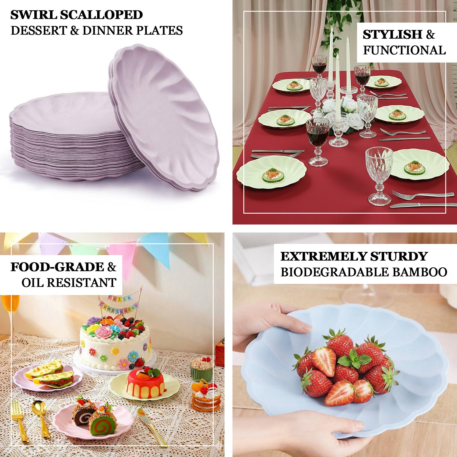 Pastel green biodegradable salad plates with swirl scalloped edges.