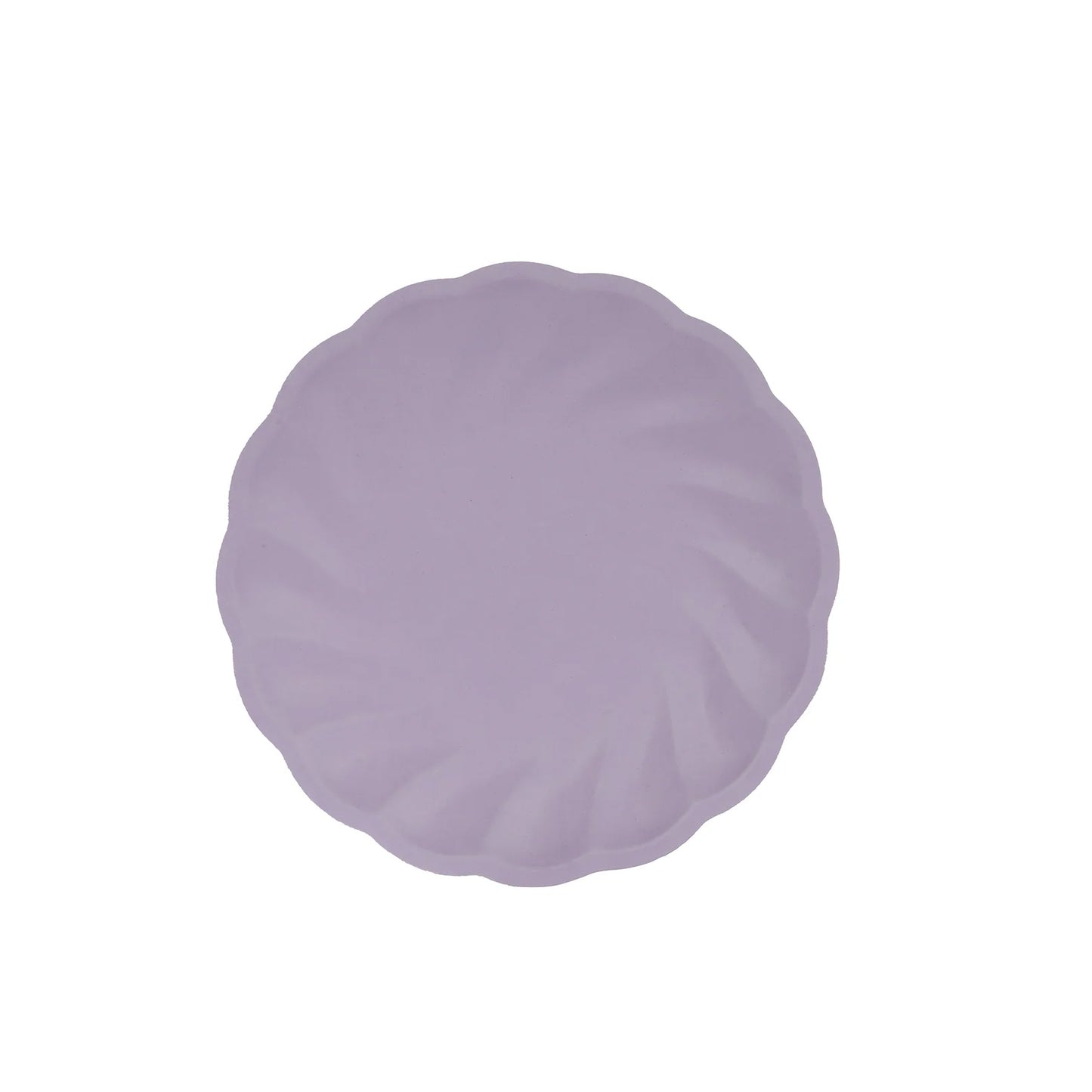 Lavender lilac biodegradable salad plate with swirl scalloped design.