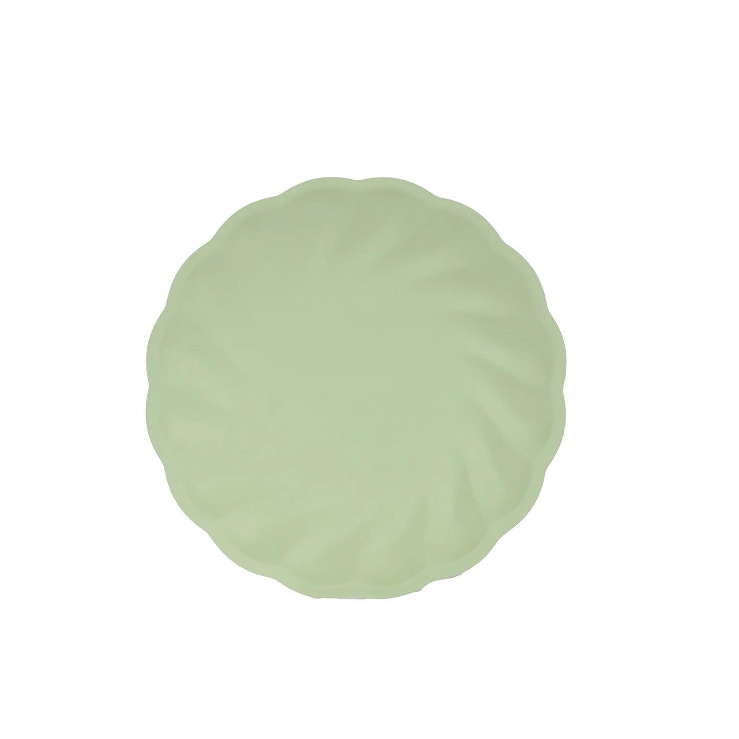 Sage green biodegradable salad plate with scalloped edges.