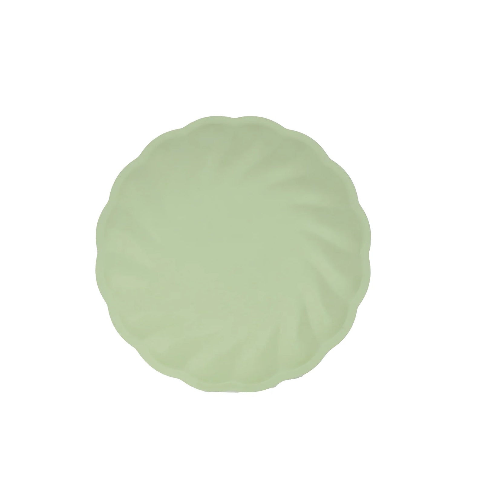 Sage green biodegradable salad plate with scalloped edges.