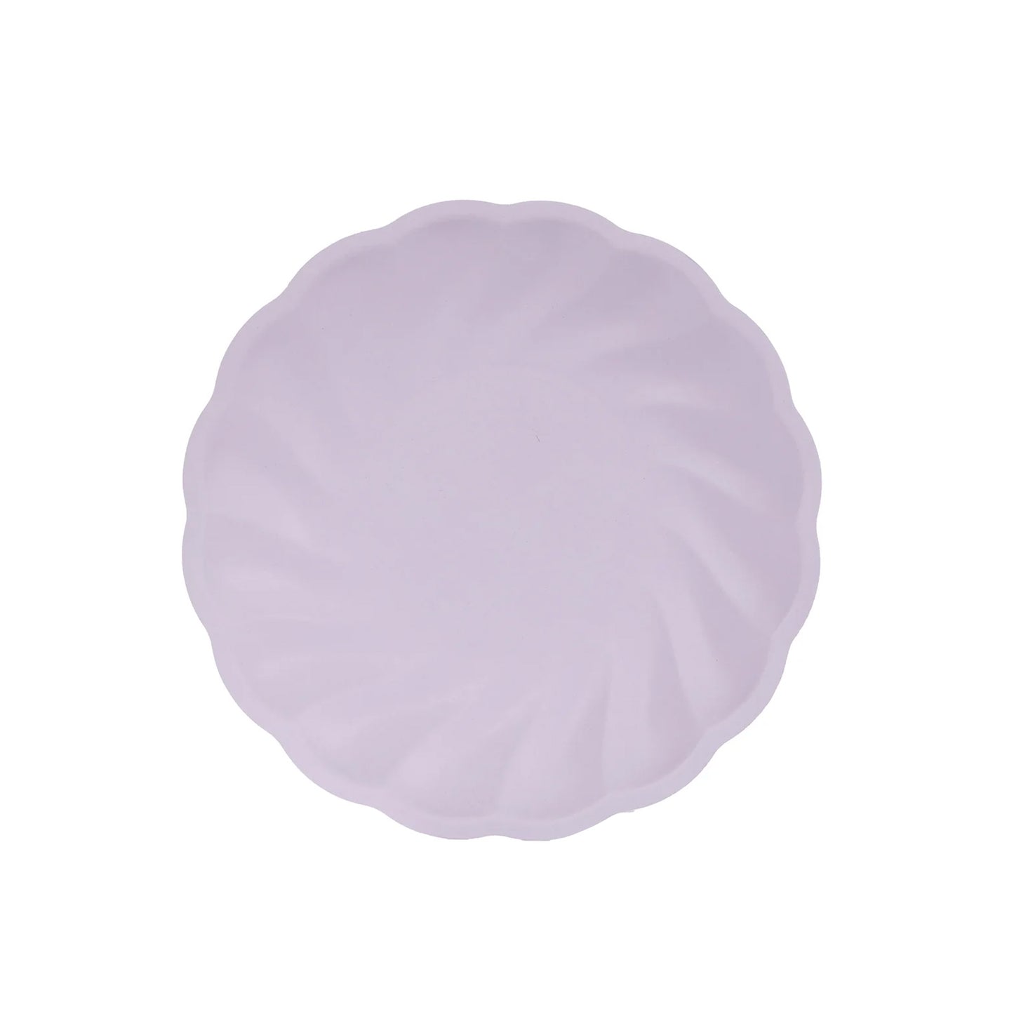 Lavender lilac biodegradable dinner plate with a swirl scalloped design.