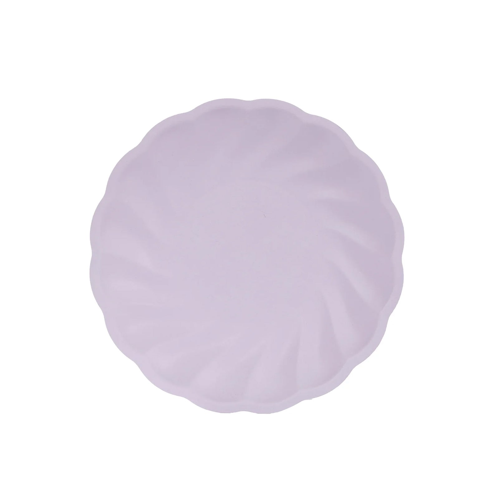 Lavender lilac biodegradable dinner plate with a swirl scalloped design.