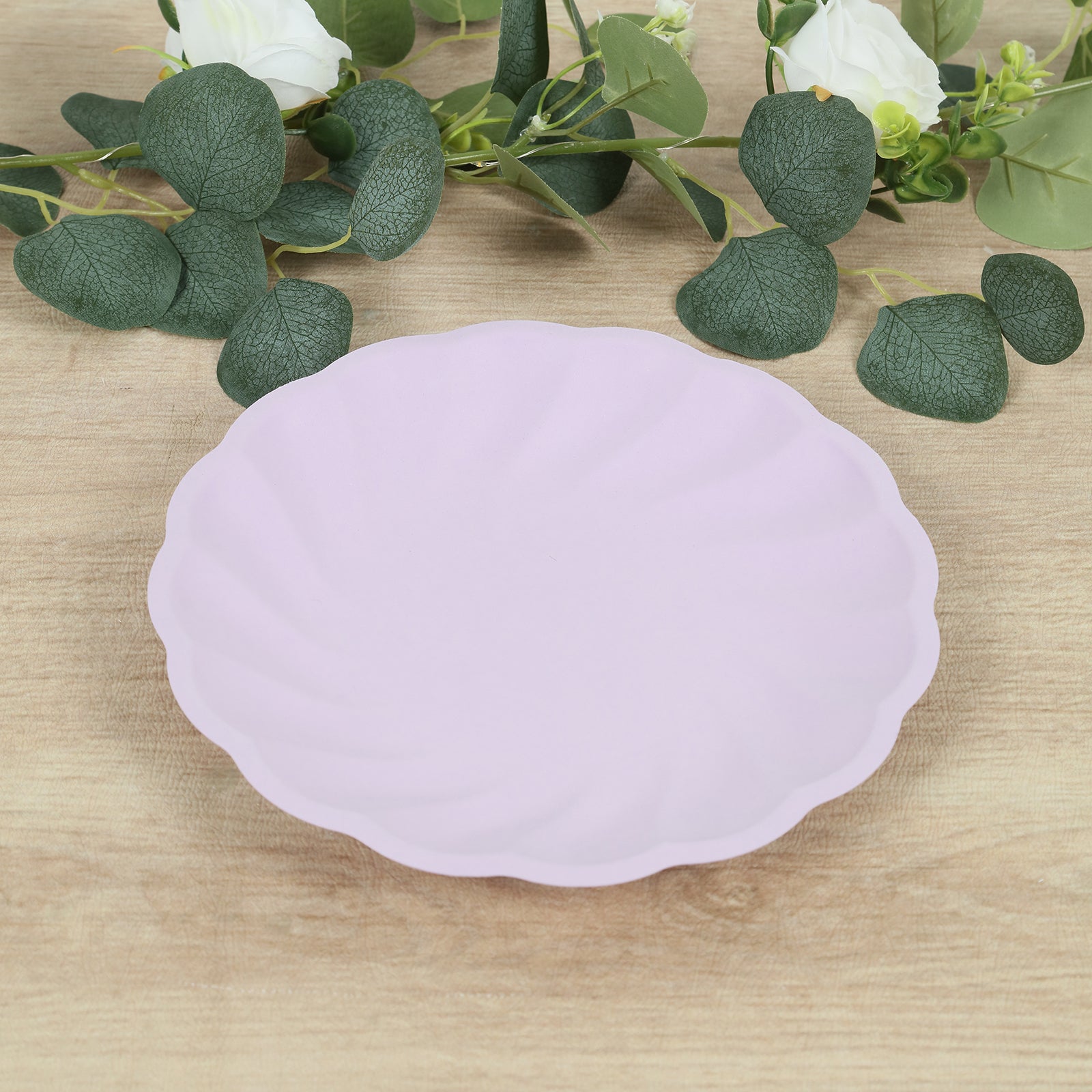 Lavender lilac biodegradable dinner plate with scalloped edge.