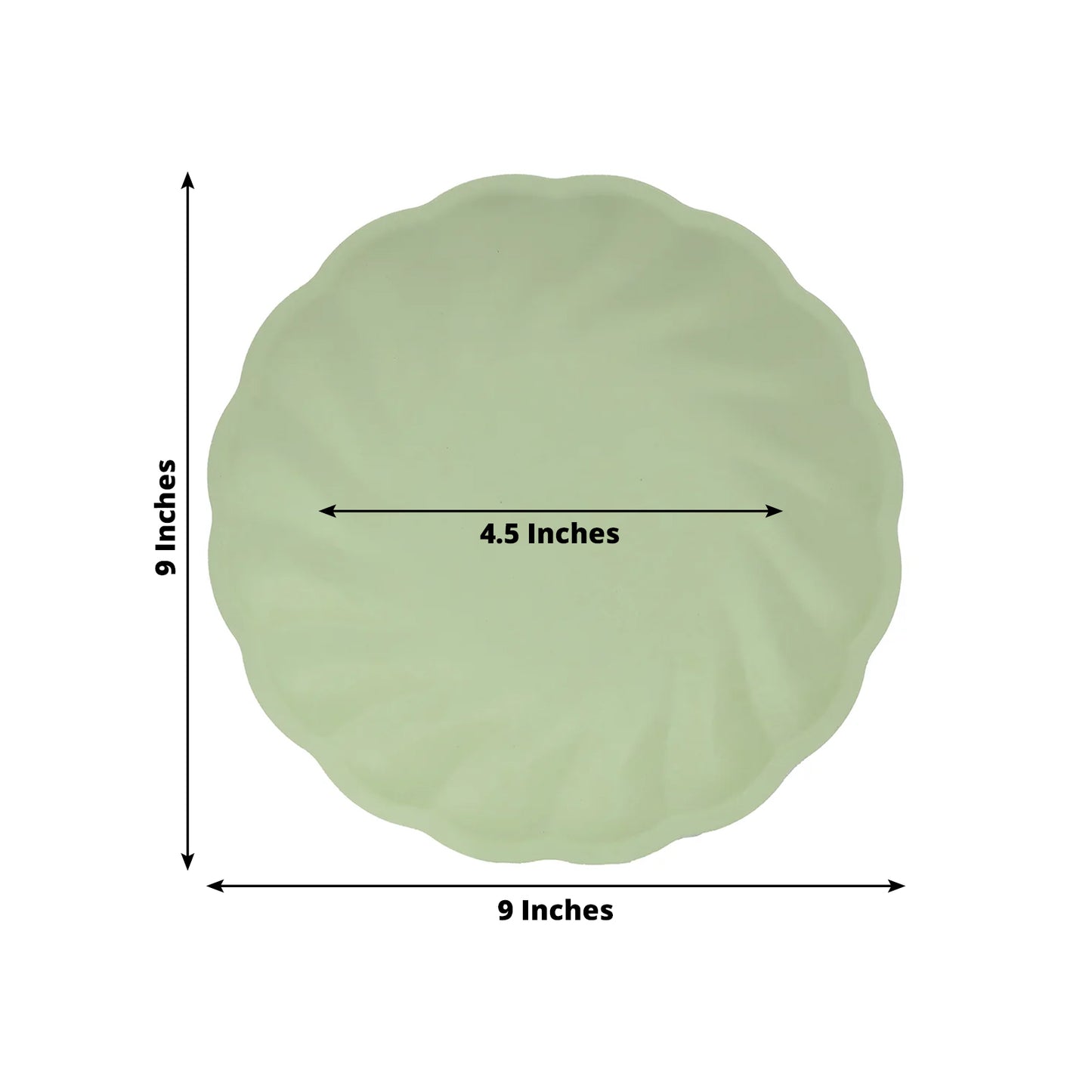 Sage green biodegradable dinner plate with a swirl scalloped design.