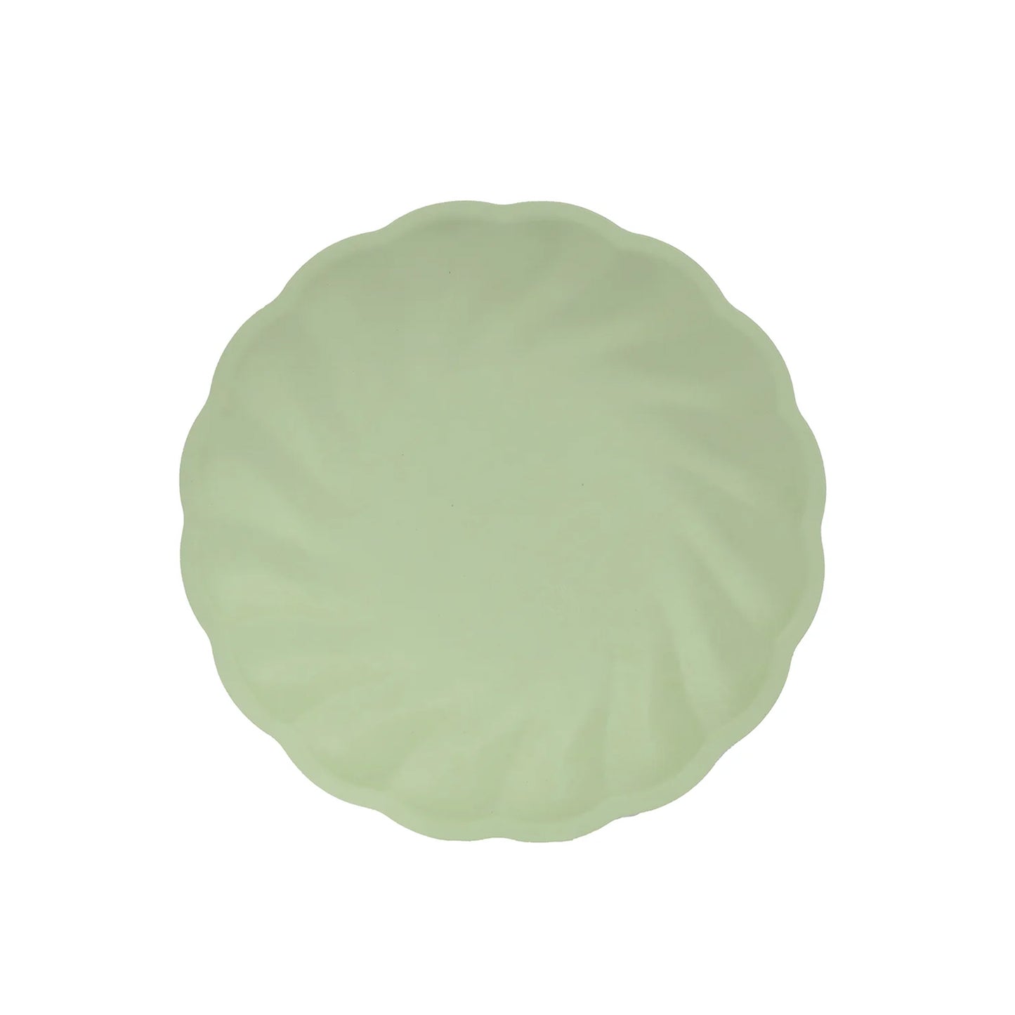 Sage green biodegradable dinner plate with a swirl scalloped design.