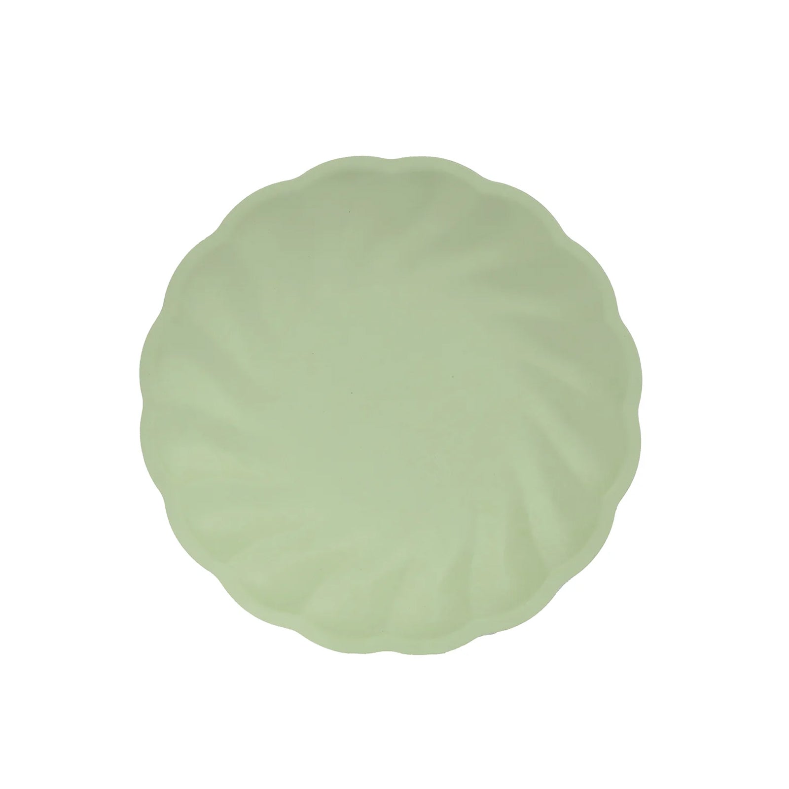 Sage green biodegradable dinner plate with a swirl scalloped design.