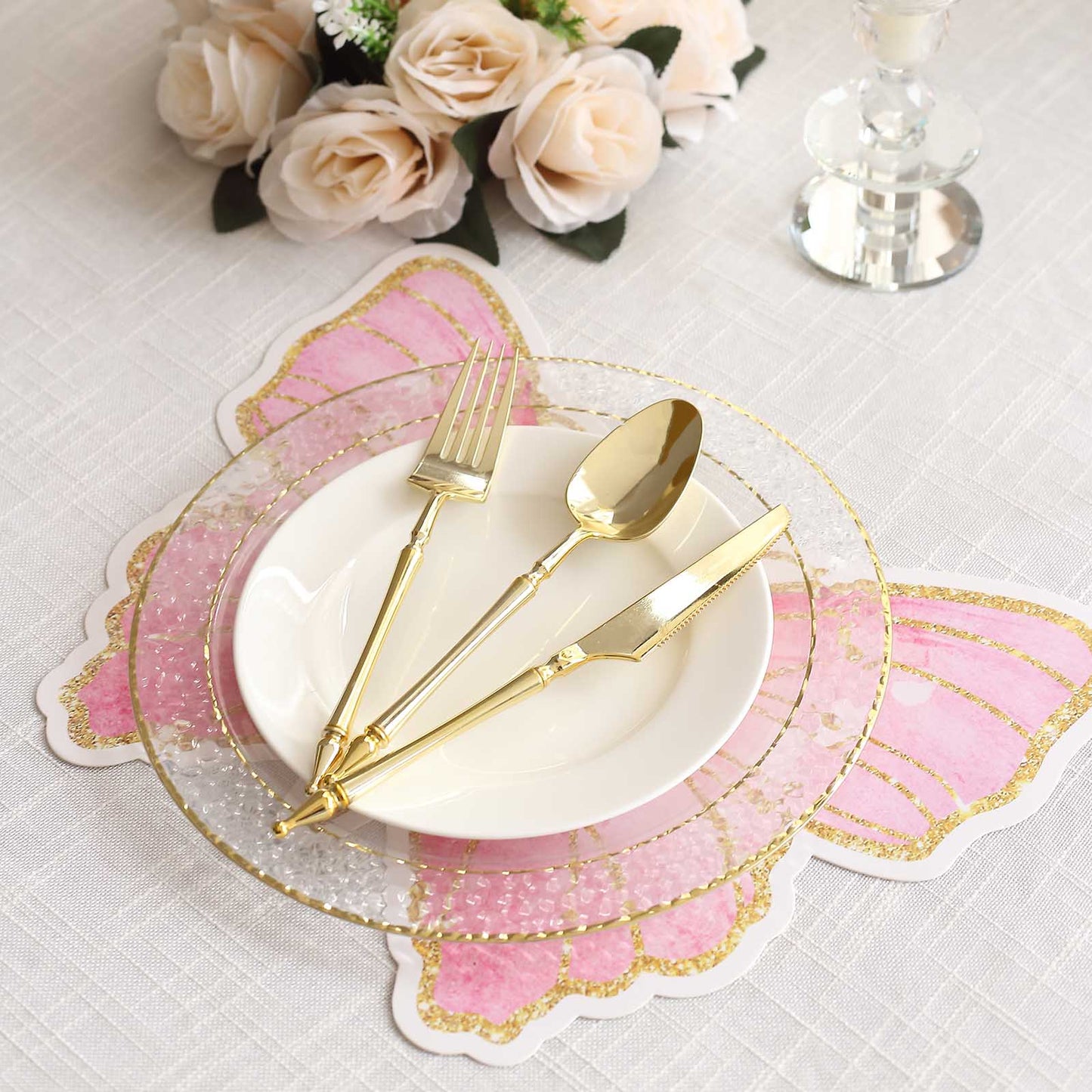 10 Pack Pink Gold Glitter Butterfly Disposable Table Mats, 14" Cardboard Paper Placemats - 400GSM