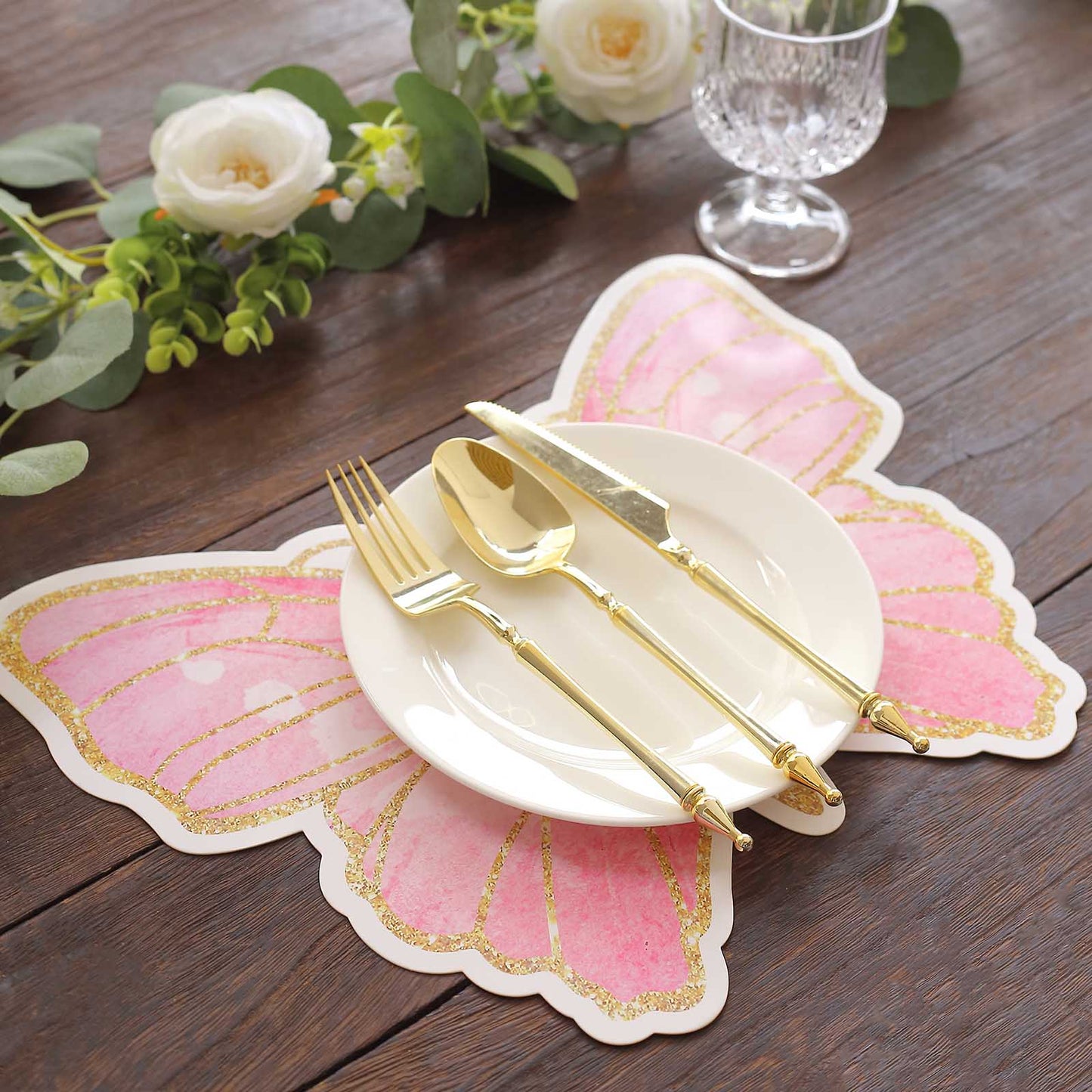 10 Pack Pink Gold Glitter Butterfly Disposable Table Mats, 14" Cardboard Paper Placemats - 400GSM