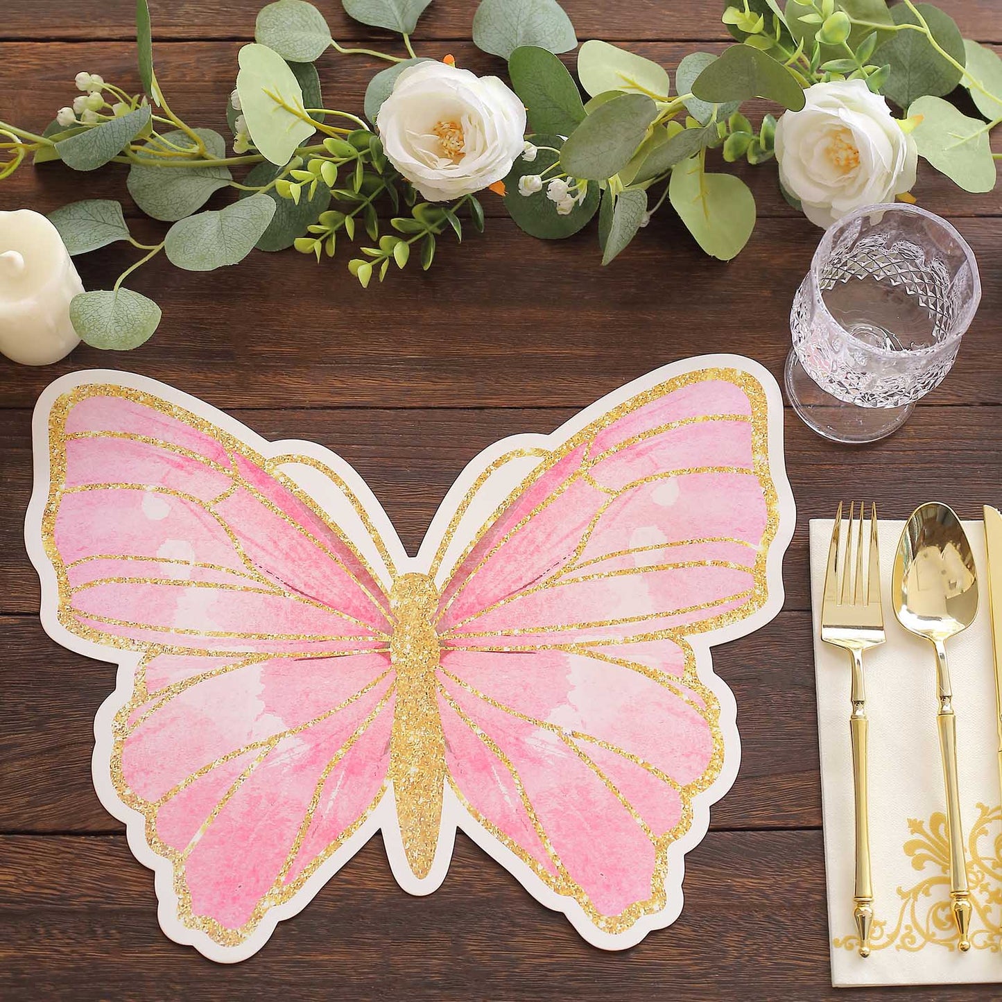 10 Pack Pink Gold Glitter Butterfly Disposable Table Mats, 14" Cardboard Paper Placemats - 400GSM