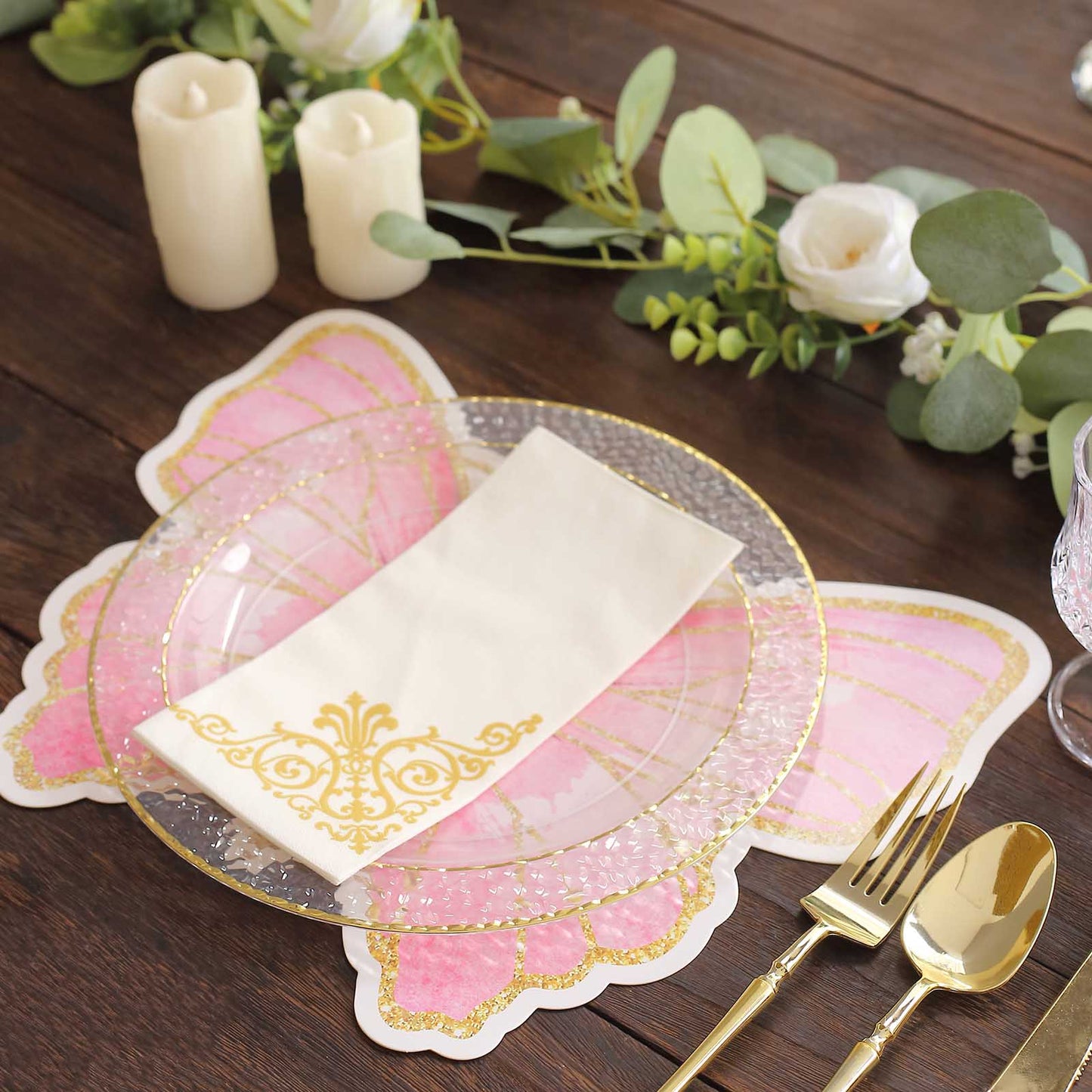 10 Pack Pink Gold Glitter Butterfly Disposable Table Mats, 14" Cardboard Paper Placemats - 400GSM