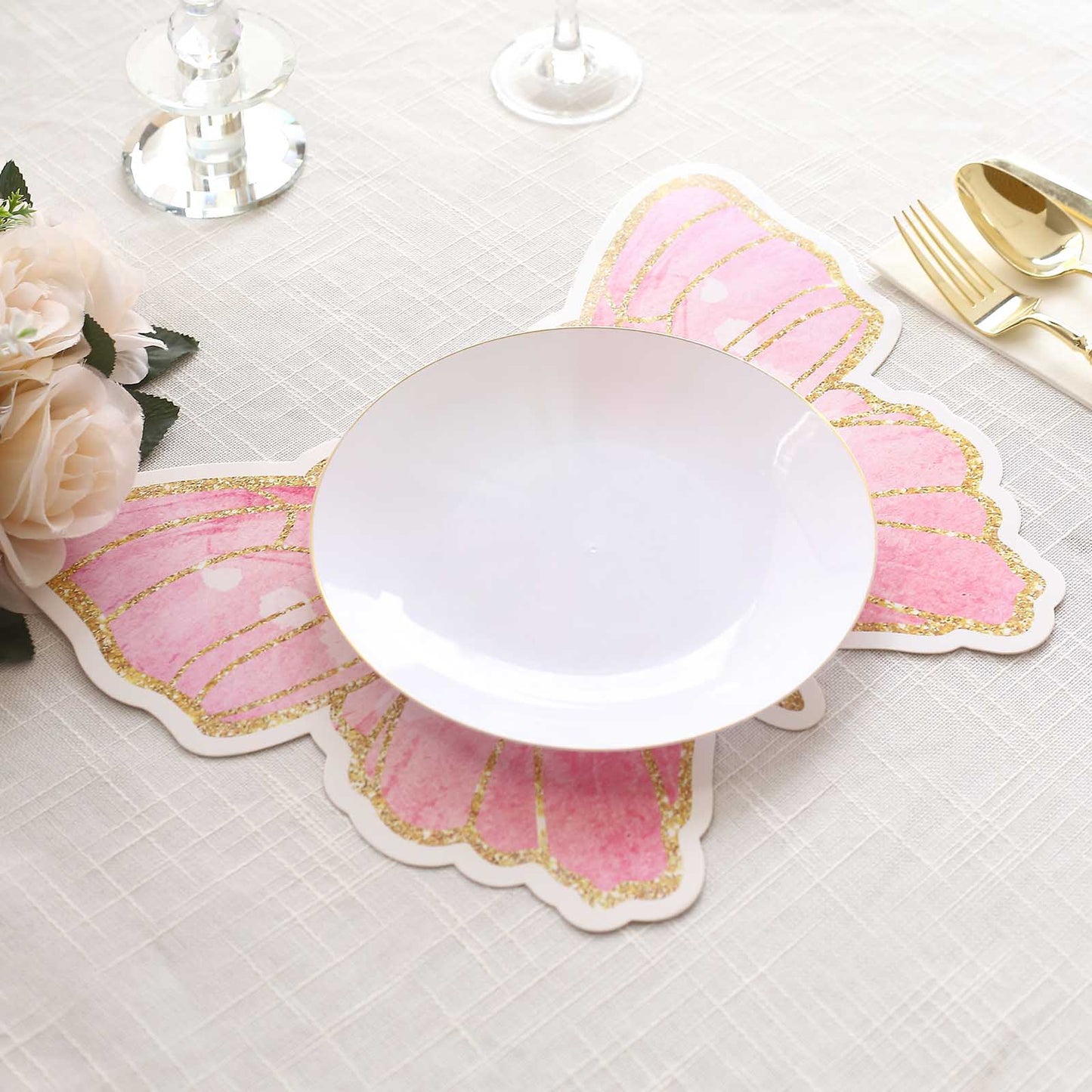 10 Pack Pink Gold Glitter Butterfly Disposable Table Mats, 14" Cardboard Paper Placemats - 400GSM