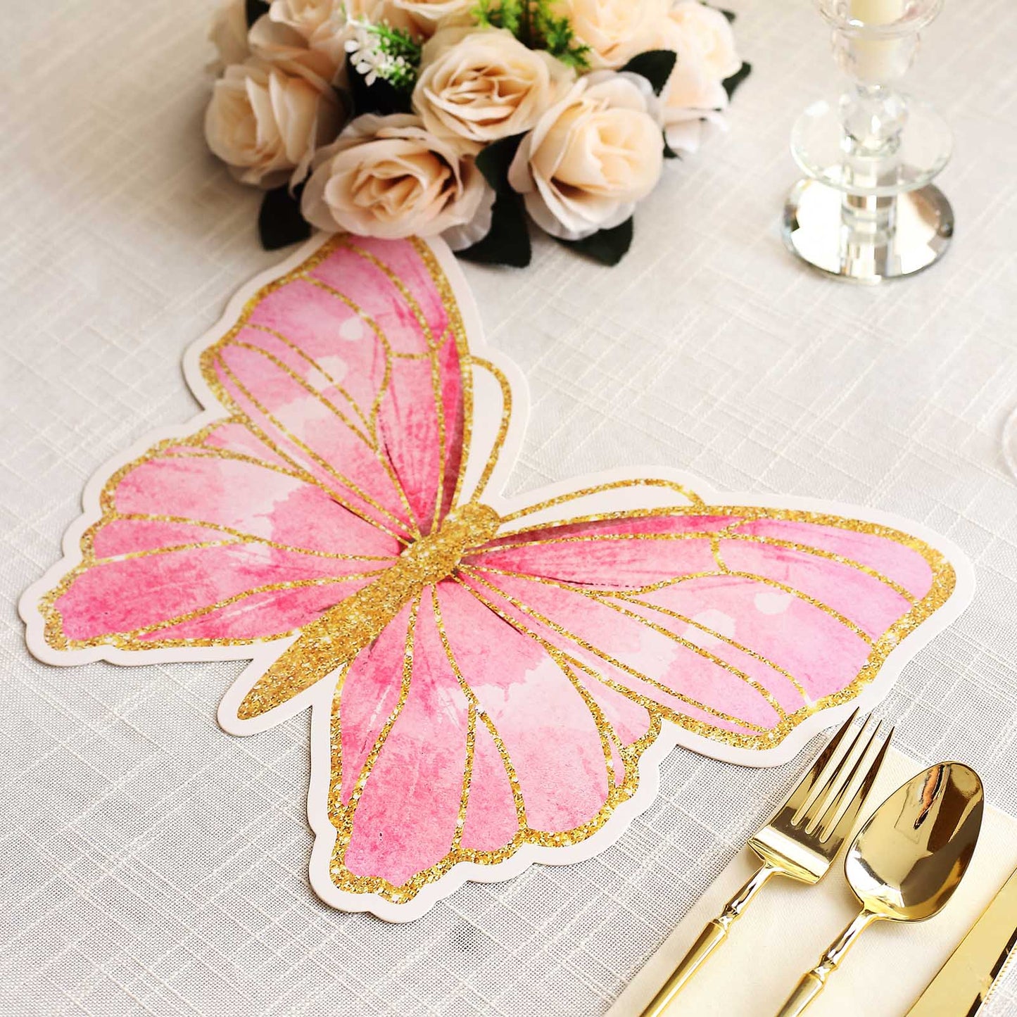 10 Pack Pink Gold Glitter Butterfly Disposable Table Mats, 14" Cardboard Paper Placemats - 400GSM