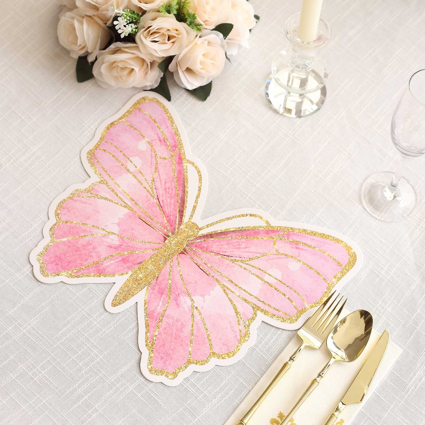 10 Pack Pink Gold Glitter Butterfly Disposable Table Mats, 14" Cardboard Paper Placemats - 400GSM