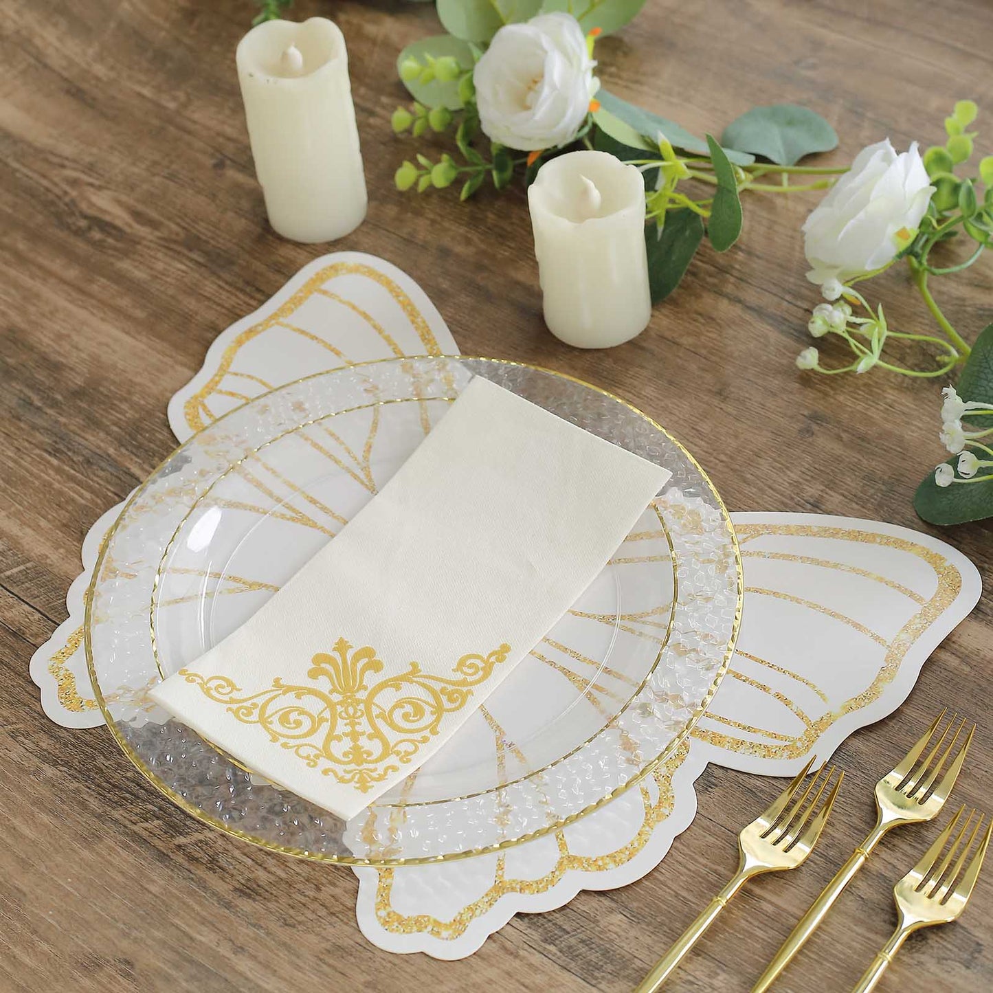 10 Pack White Gold Glitter Butterfly Disposable Table Mats, 14" Cardboard Paper Placemats - 400GSM