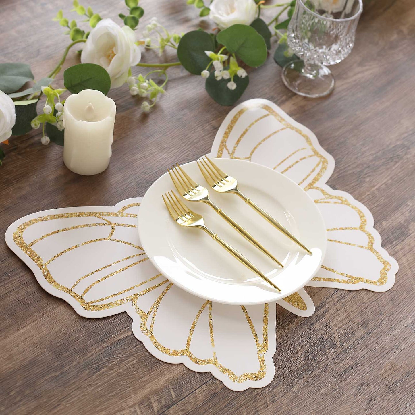 10 Pack White Gold Glitter Butterfly Disposable Table Mats, 14" Cardboard Paper Placemats - 400GSM