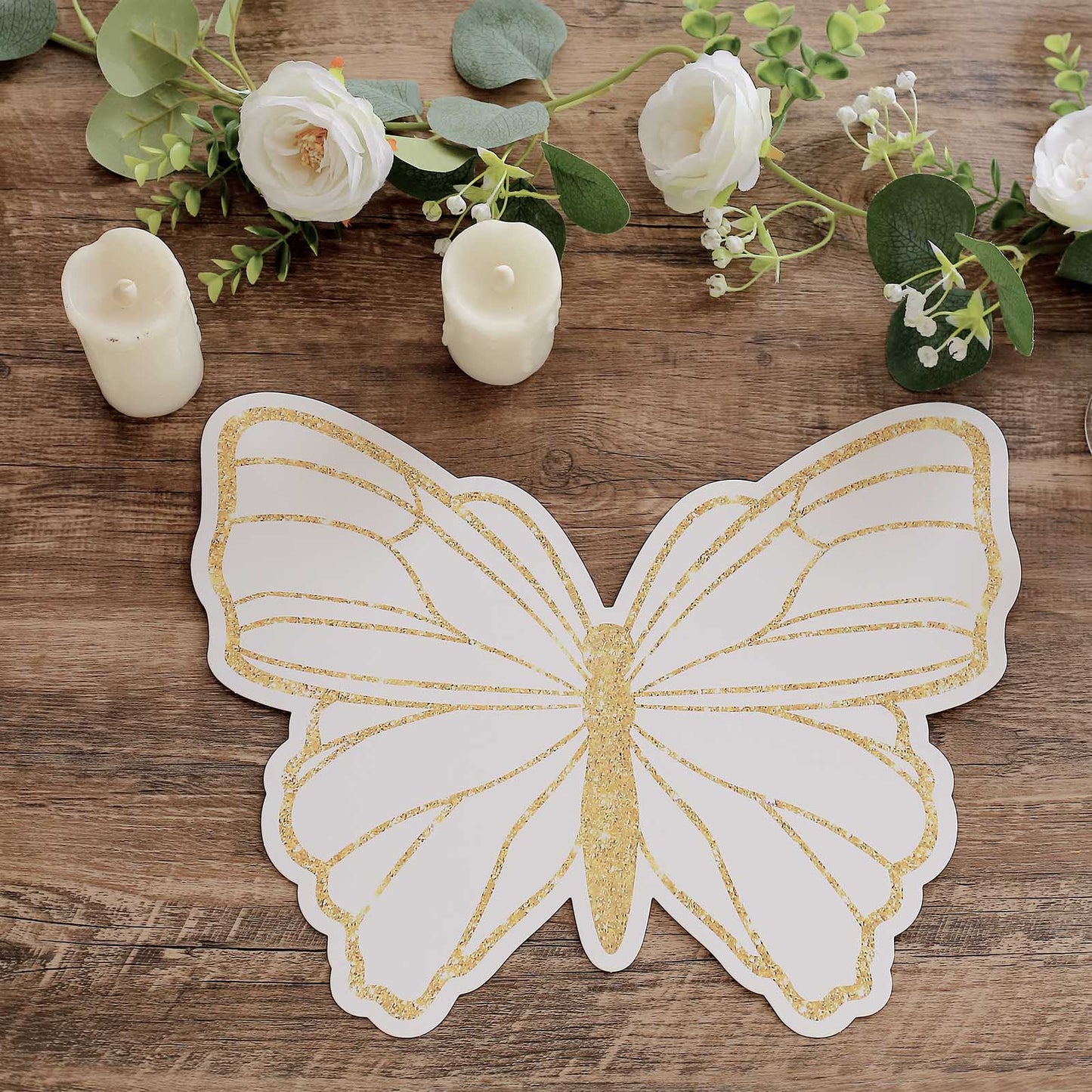 10 Pack White Gold Glitter Butterfly Disposable Table Mats, 14" Cardboard Paper Placemats - 400GSM