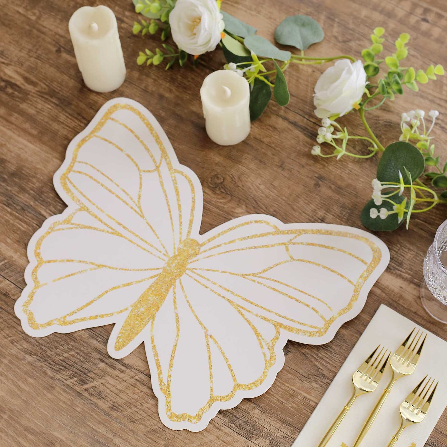 10 Pack White Gold Glitter Butterfly Disposable Table Mats, 14" Cardboard Paper Placemats - 400GSM