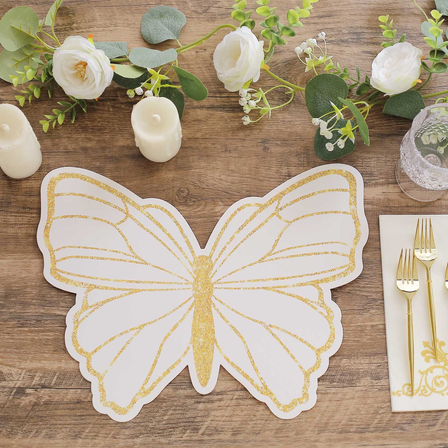 10 Pack White Gold Glitter Butterfly Disposable Table Mats, 14" Cardboard Paper Placemats - 400GSM