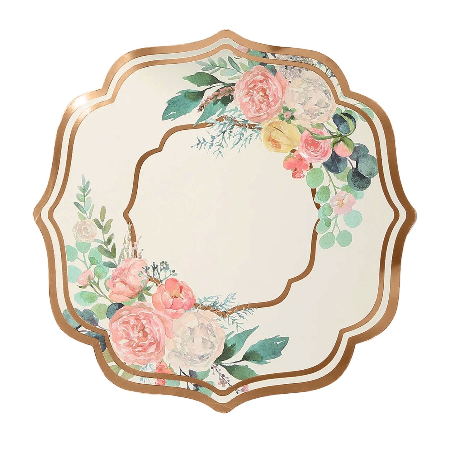 10 Pack White Rose Gold Cardboard Paper Placemats with Peony Flowers Print, 13" Floral Disposable Table Mats with Foil Scalloped Rim