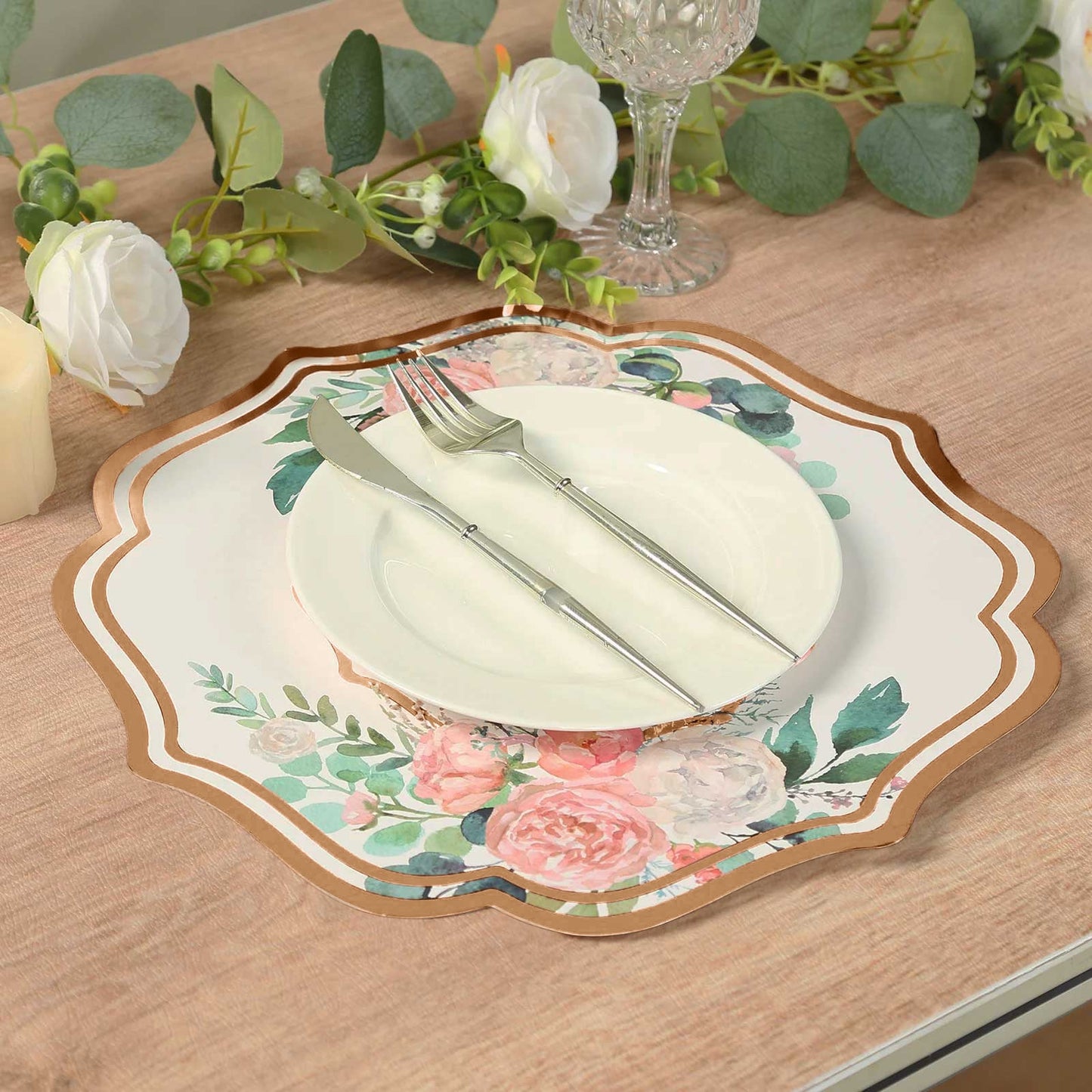 10 Pack White Rose Gold Cardboard Paper Placemats with Peony Flowers Print, 13" Floral Disposable Table Mats with Foil Scalloped Rim