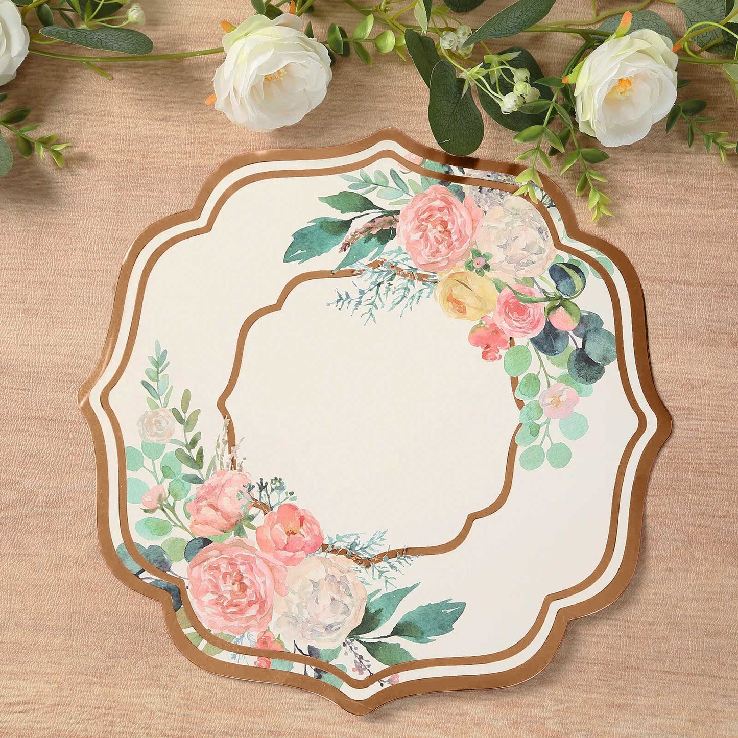 10 Pack White Rose Gold Cardboard Paper Placemats with Peony Flowers Print, 13" Floral Disposable Table Mats with Foil Scalloped Rim