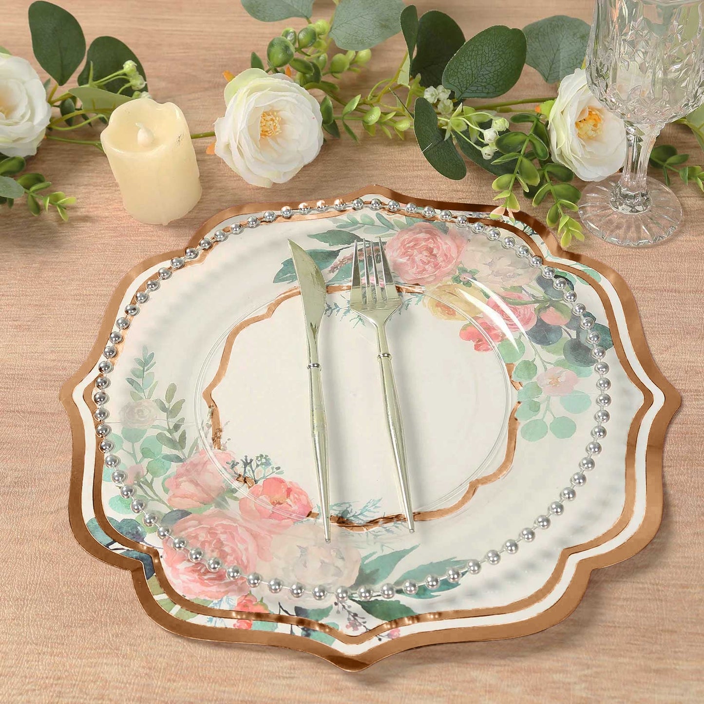 10 Pack White Rose Gold Cardboard Paper Placemats with Peony Flowers Print, 13" Floral Disposable Table Mats with Foil Scalloped Rim