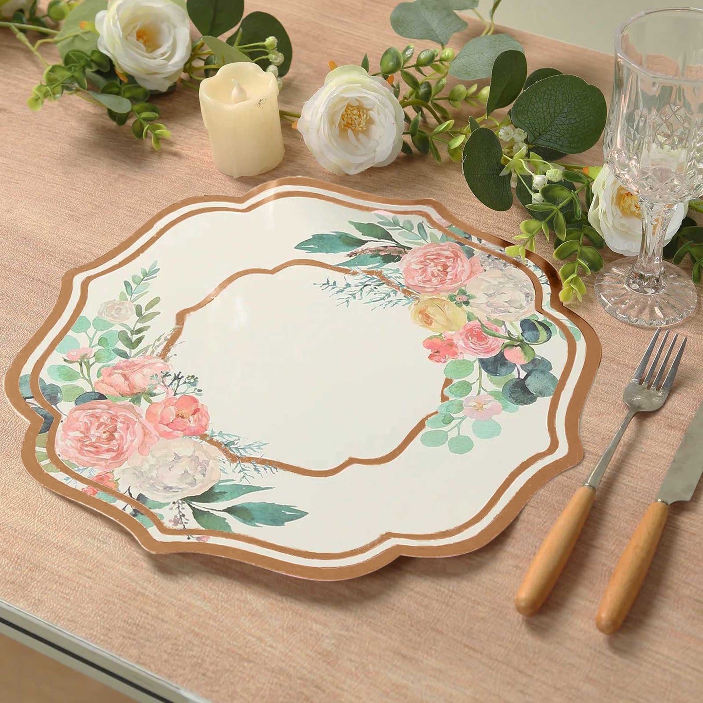 10 Pack White Rose Gold Cardboard Paper Placemats with Peony Flowers Print, 13" Floral Disposable Table Mats with Foil Scalloped Rim