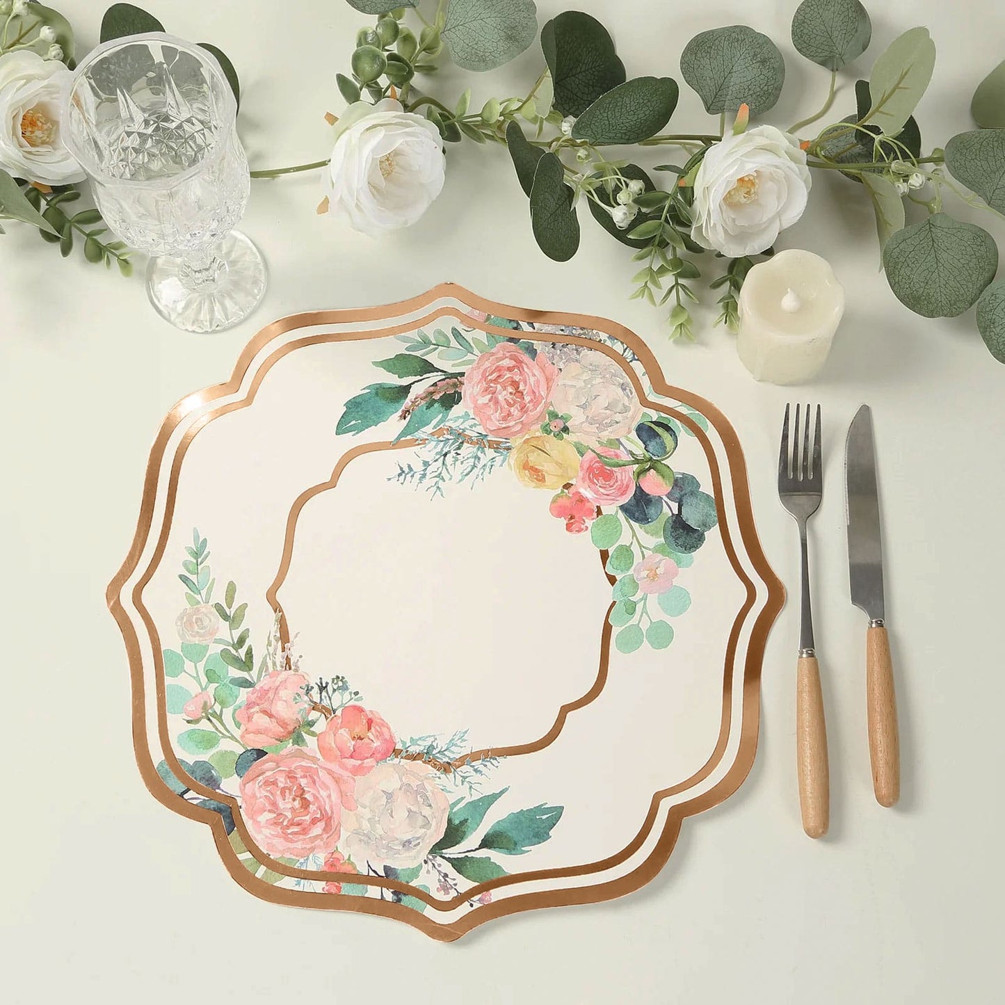 10 Pack White Rose Gold Cardboard Paper Placemats with Peony Flowers Print, 13" Floral Disposable Table Mats with Foil Scalloped Rim