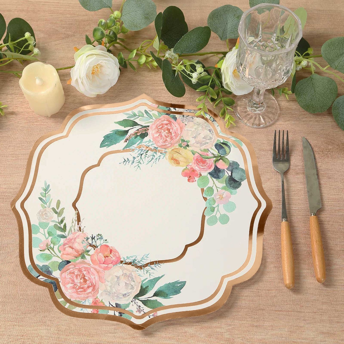 10 Pack White Rose Gold Cardboard Paper Placemats with Peony Flowers Print, 13" Floral Disposable Table Mats with Foil Scalloped Rim