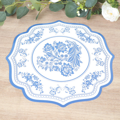 White Blue Cardboard Paper Placemats with Damask Floral Pattern