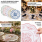White and royal blue damask floral paper table mats, scalloped rim, 13" round.
