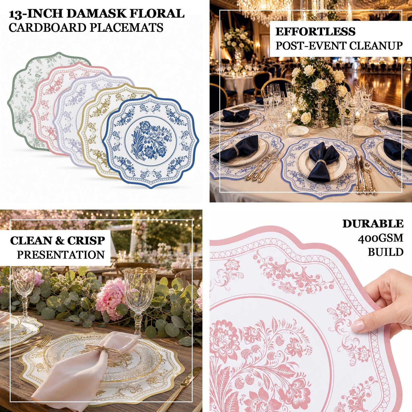 White and royal blue damask floral paper table mats, scalloped rim, 13" round.