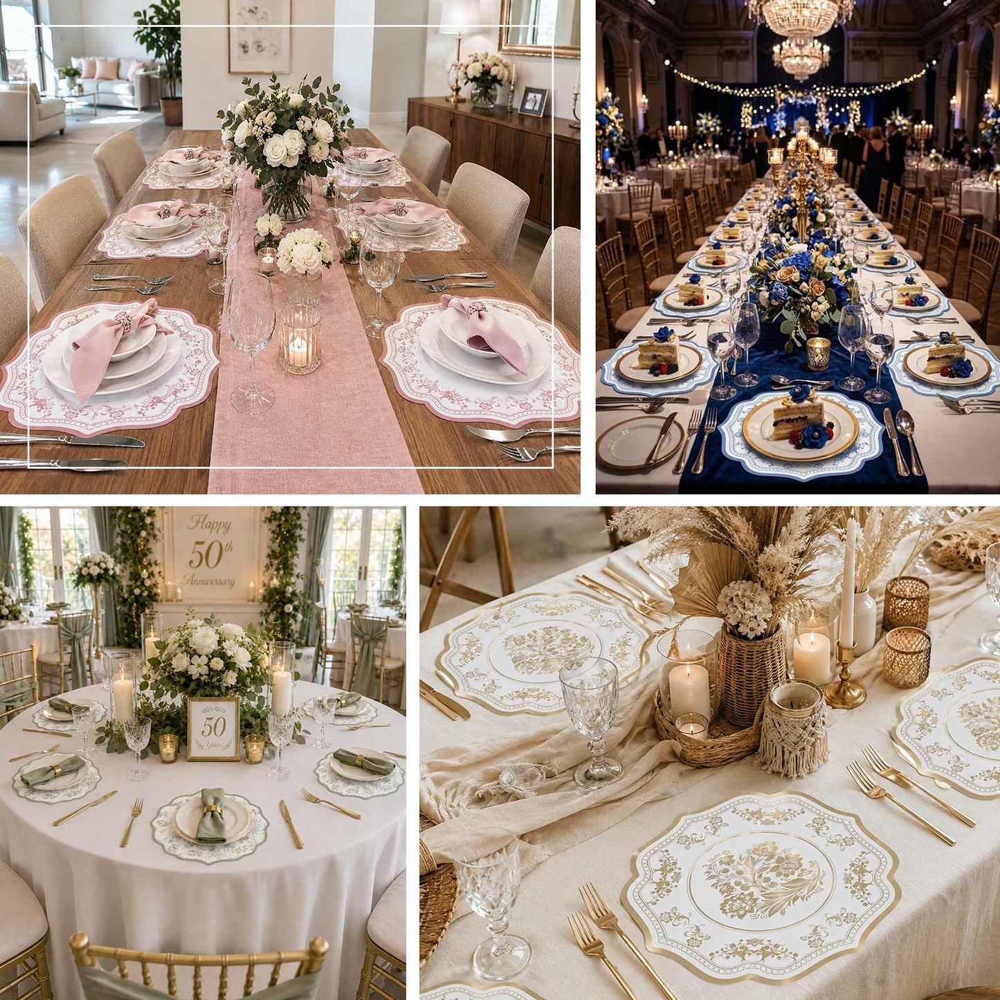 Decorative disposable table mat with intricate damask detailing for elegant dining presentations and