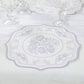 10-Pack Disposable Table Placemats 13" Round Placemats in White with Lavender Damask Floral Pattern & Scalloped Rim - 400GSM Cardboard Placemats for Stylish Table Setting