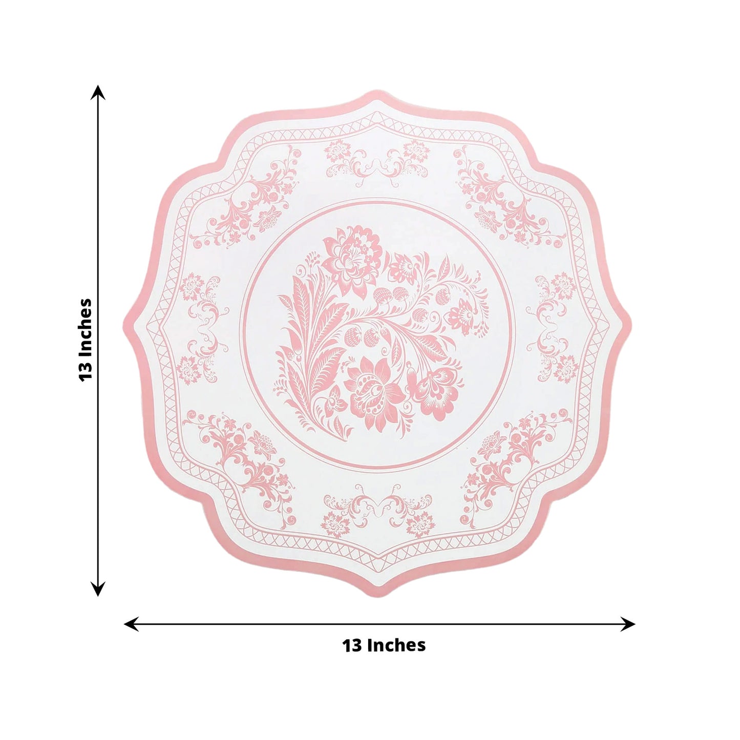 10 Pack White Pink Cardboard Paper Table Mats with French Toile Pattern, 13" Round Disposable Placemats with Scalloped Rim - 400 GSM