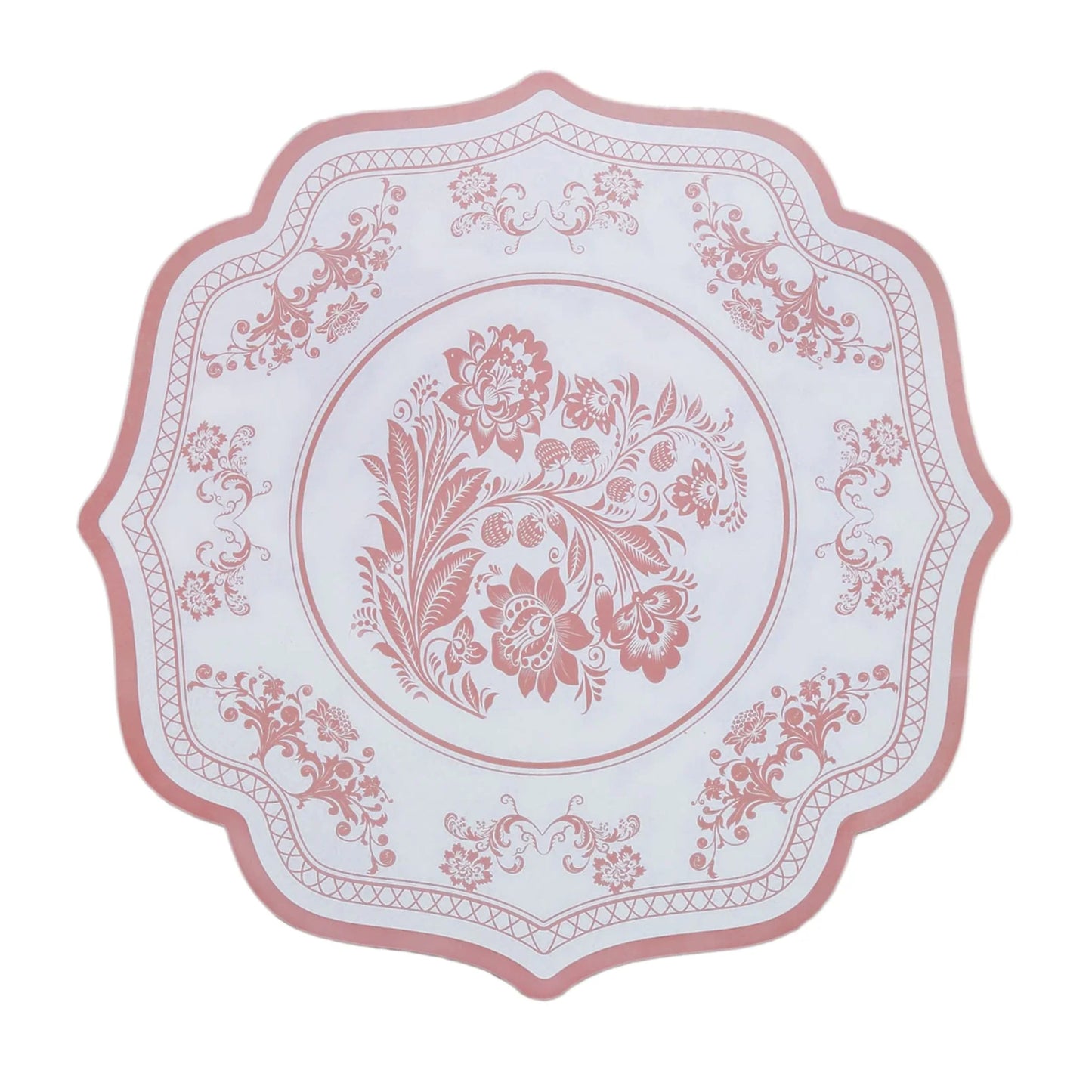 10-Pack Disposable Table Placemats 13" Round Placemats in White with Pink Damask Floral Pattern & Scalloped Rim - 400GSM Cardboard Placemats for Stylish Table Setting