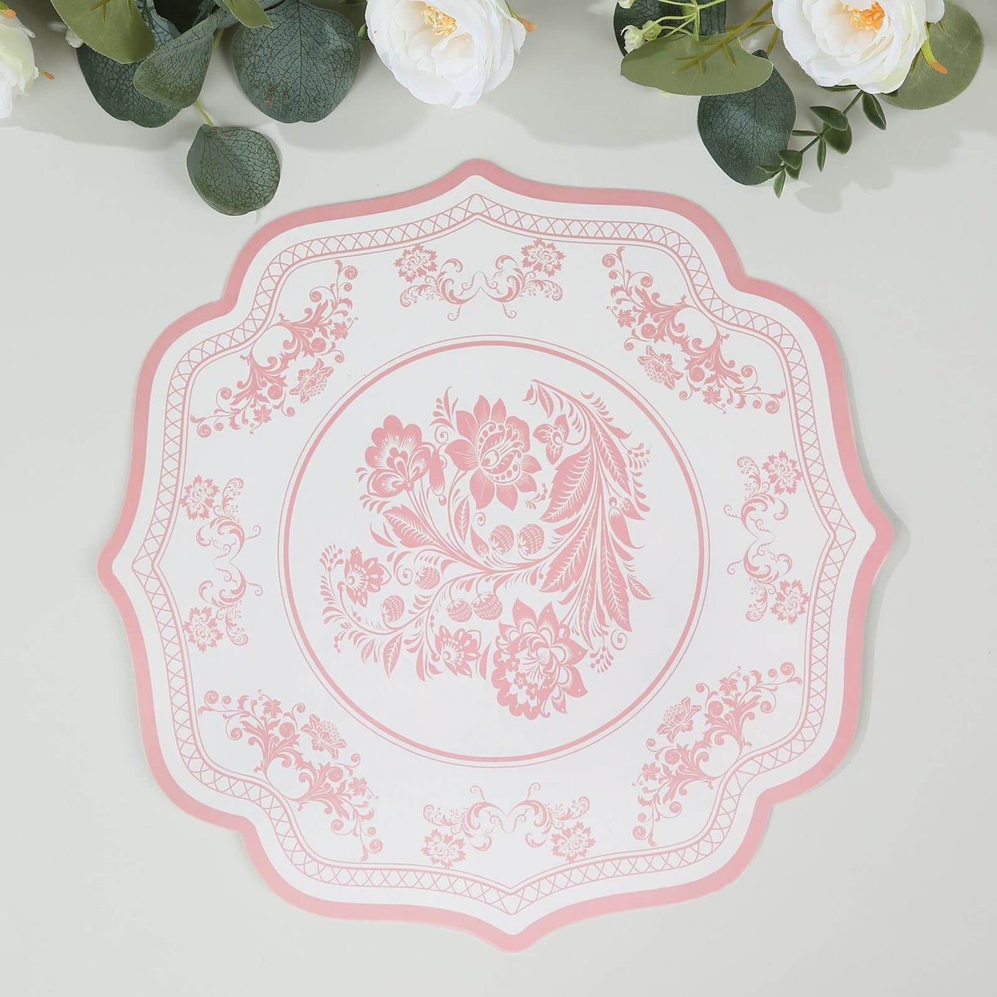 10 Pack White Pink Cardboard Paper Table Mats with French Toile Pattern, 13" Round Disposable Placemats with Scalloped Rim - 400 GSM