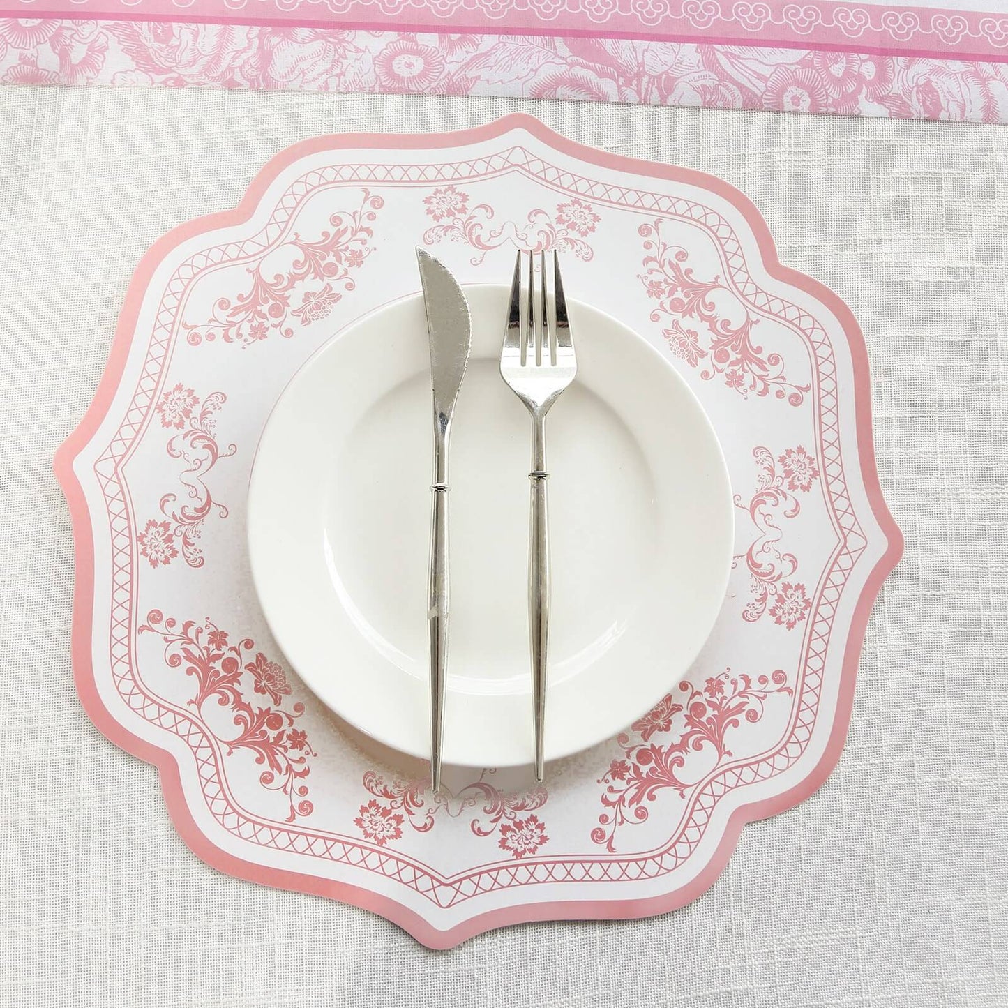 10 Pack White Pink Cardboard Paper Table Mats with French Toile Pattern, 13" Round Disposable Placemats with Scalloped Rim - 400 GSM