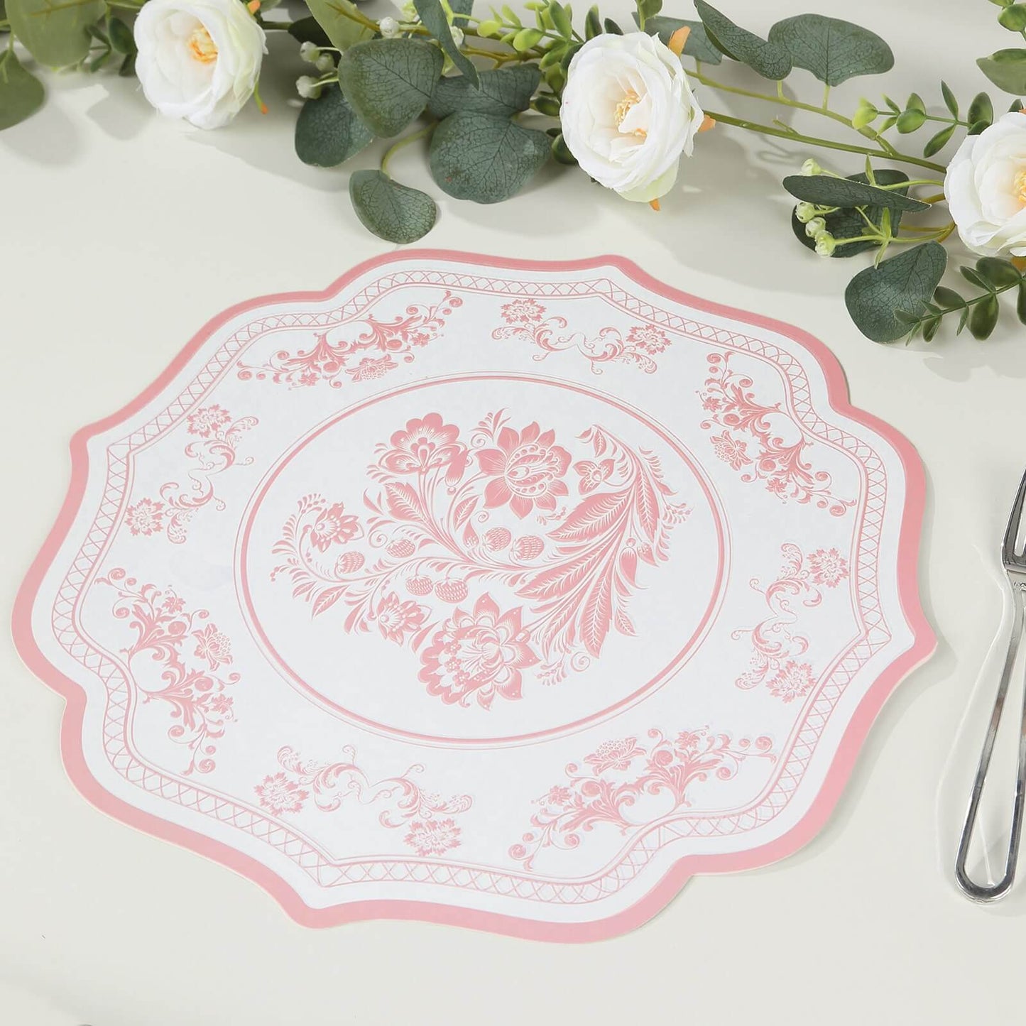 10 Pack White Pink Cardboard Paper Table Mats with French Toile Pattern, 13" Round Disposable Placemats with Scalloped Rim - 400 GSM