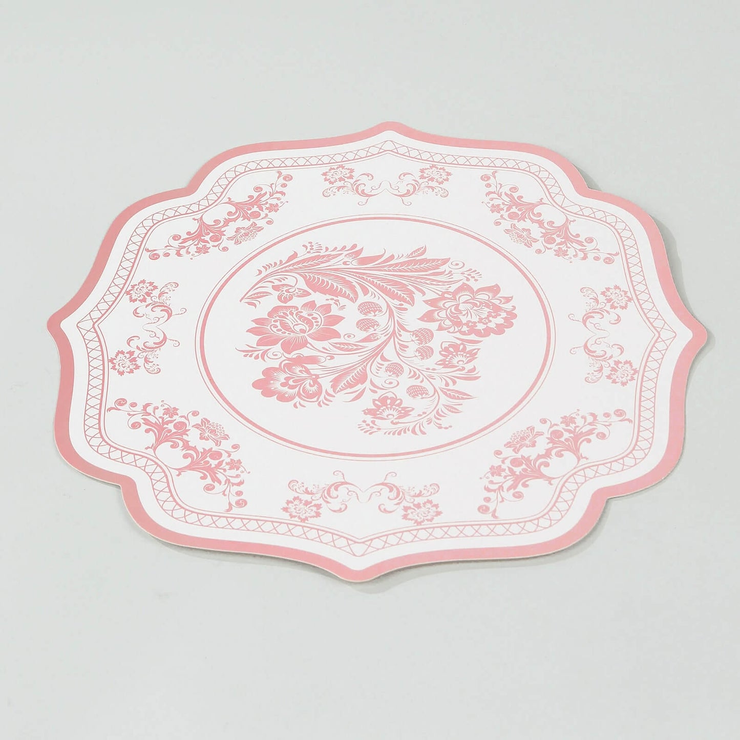 10 Pack White Pink Cardboard Paper Table Mats with French Toile Pattern, 13" Round Disposable Placemats with Scalloped Rim - 400 GSM